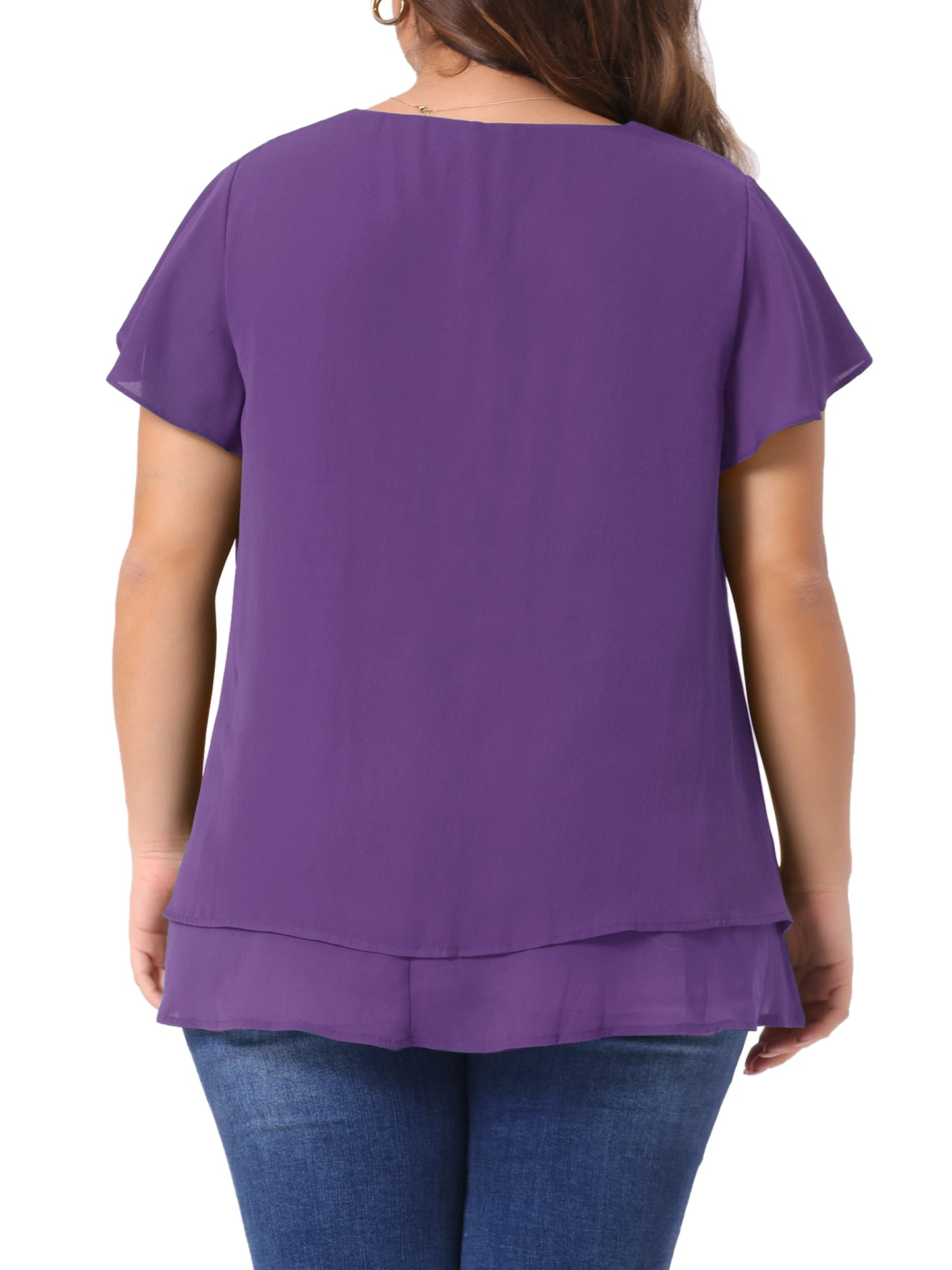 Women's Plus Size Summer Ruffle Short Sleeves V Neck Double Layered Hem Chiffon Blouse