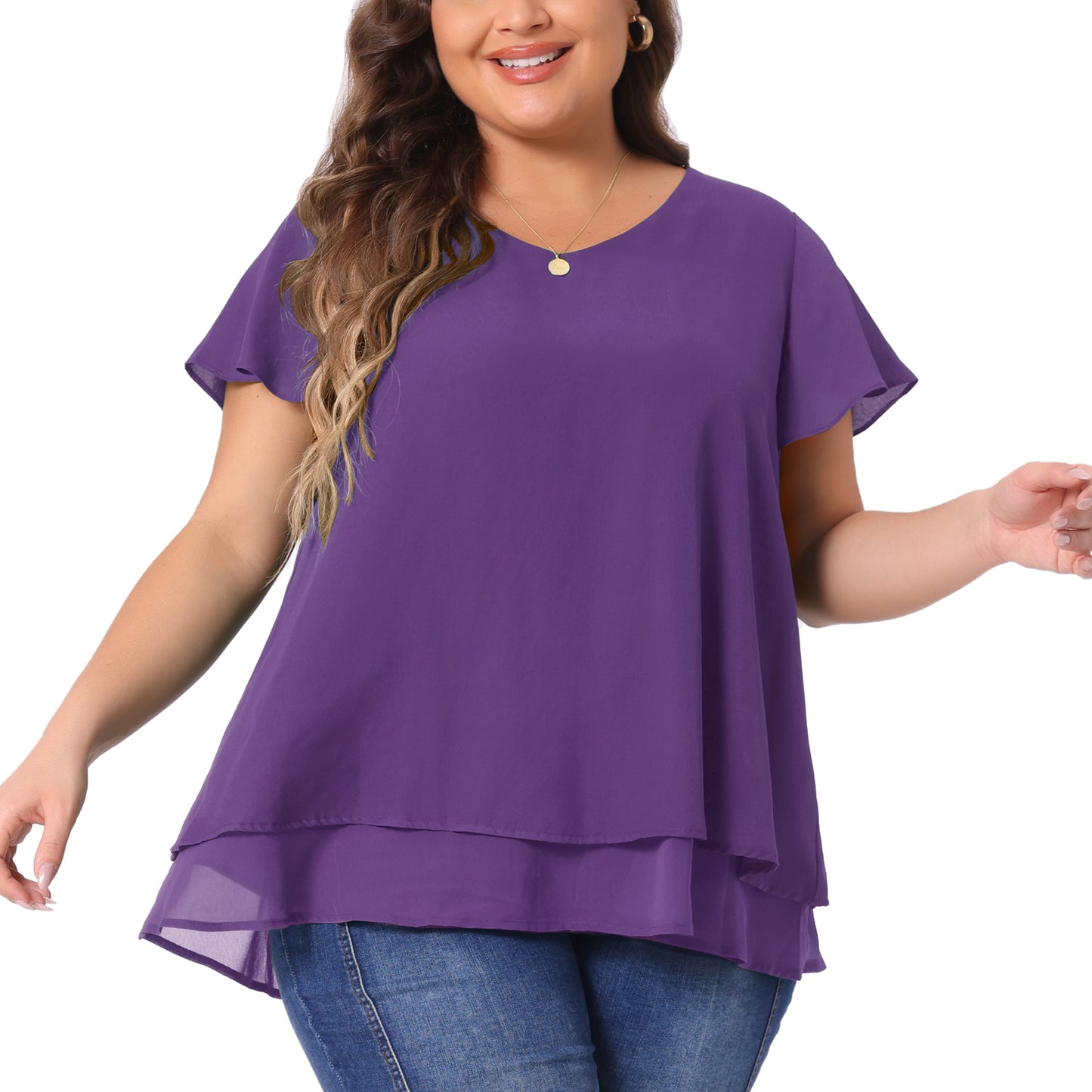 Women's Plus Size Summer Ruffle Short Sleeves V Neck Double Layered Hem Chiffon Blouse