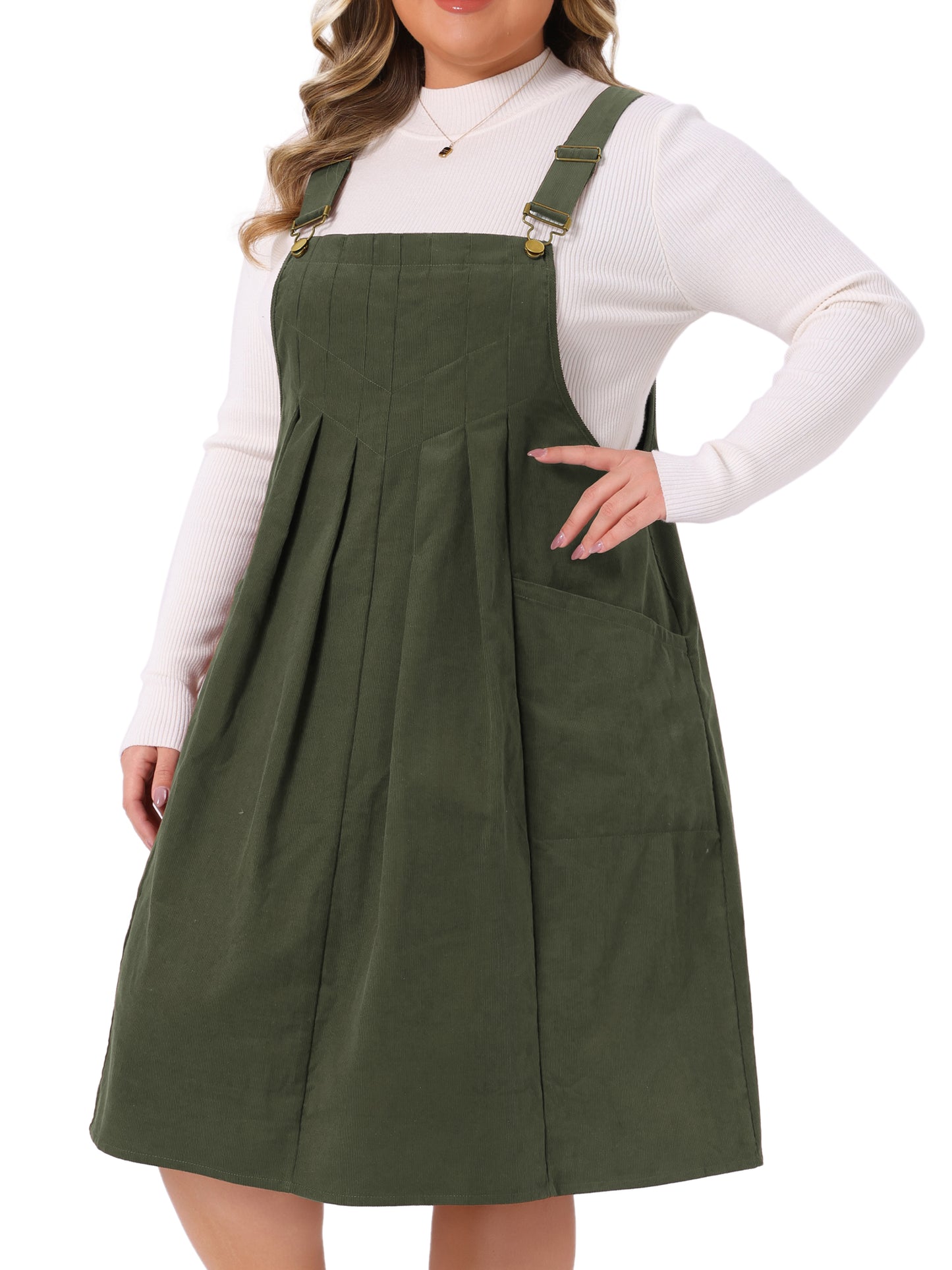 Women Plus Size Corduroy Pinafore Dress Pleated Adjustable Strap Suspender Skirt Short Overall Dress