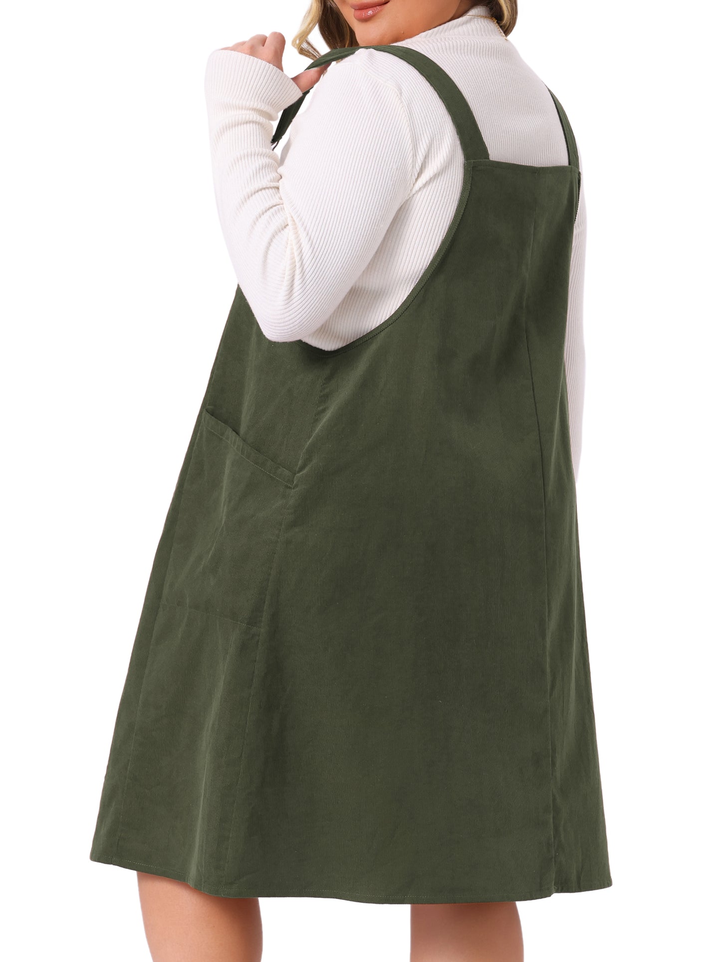 Women Plus Size Corduroy Pinafore Dress Pleated Adjustable Strap Suspender Skirt Short Overall Dress