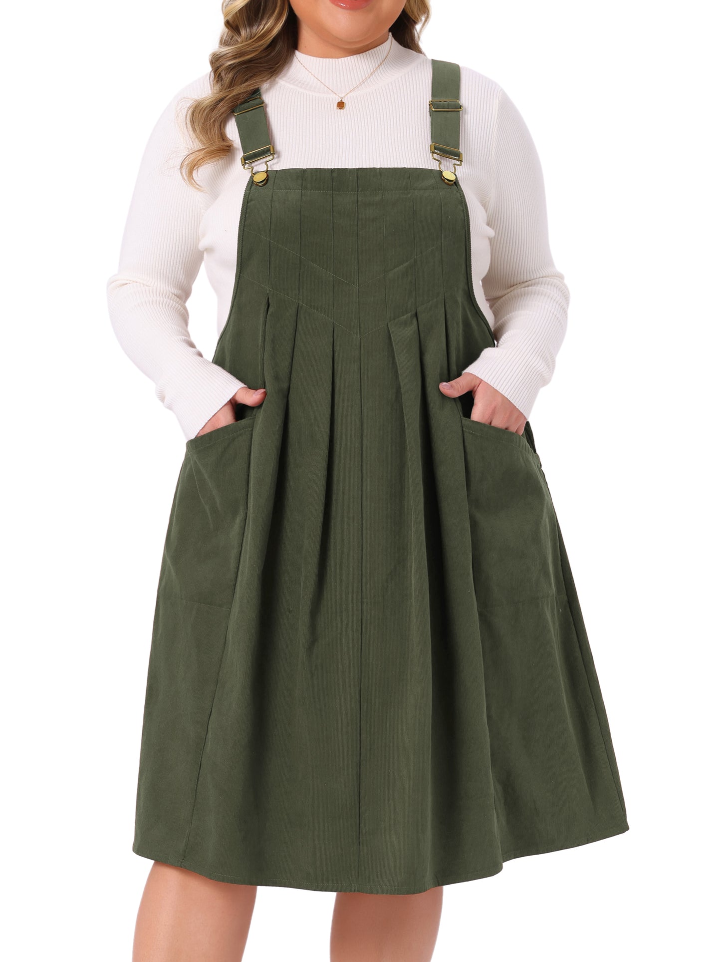 Women Plus Size Corduroy Pinafore Dress Pleated Adjustable Strap Suspender Skirt Short Overall Dress
