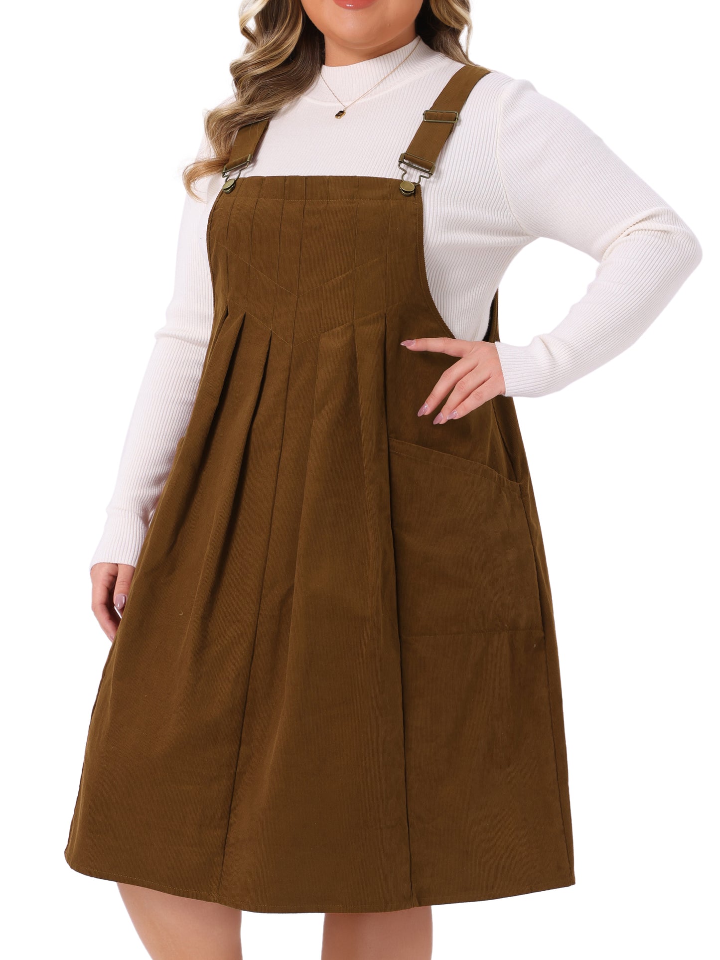 Women Plus Size Corduroy Pinafore Dress Pleated Adjustable Strap Suspender Skirt Short Overall Dress