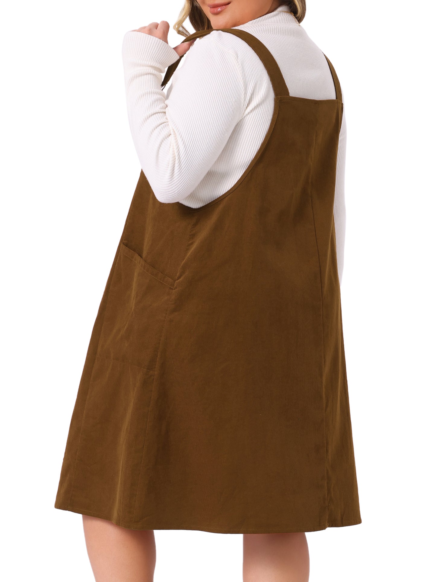 Women Plus Size Corduroy Pinafore Dress Pleated Adjustable Strap Suspender Skirt Short Overall Dress
