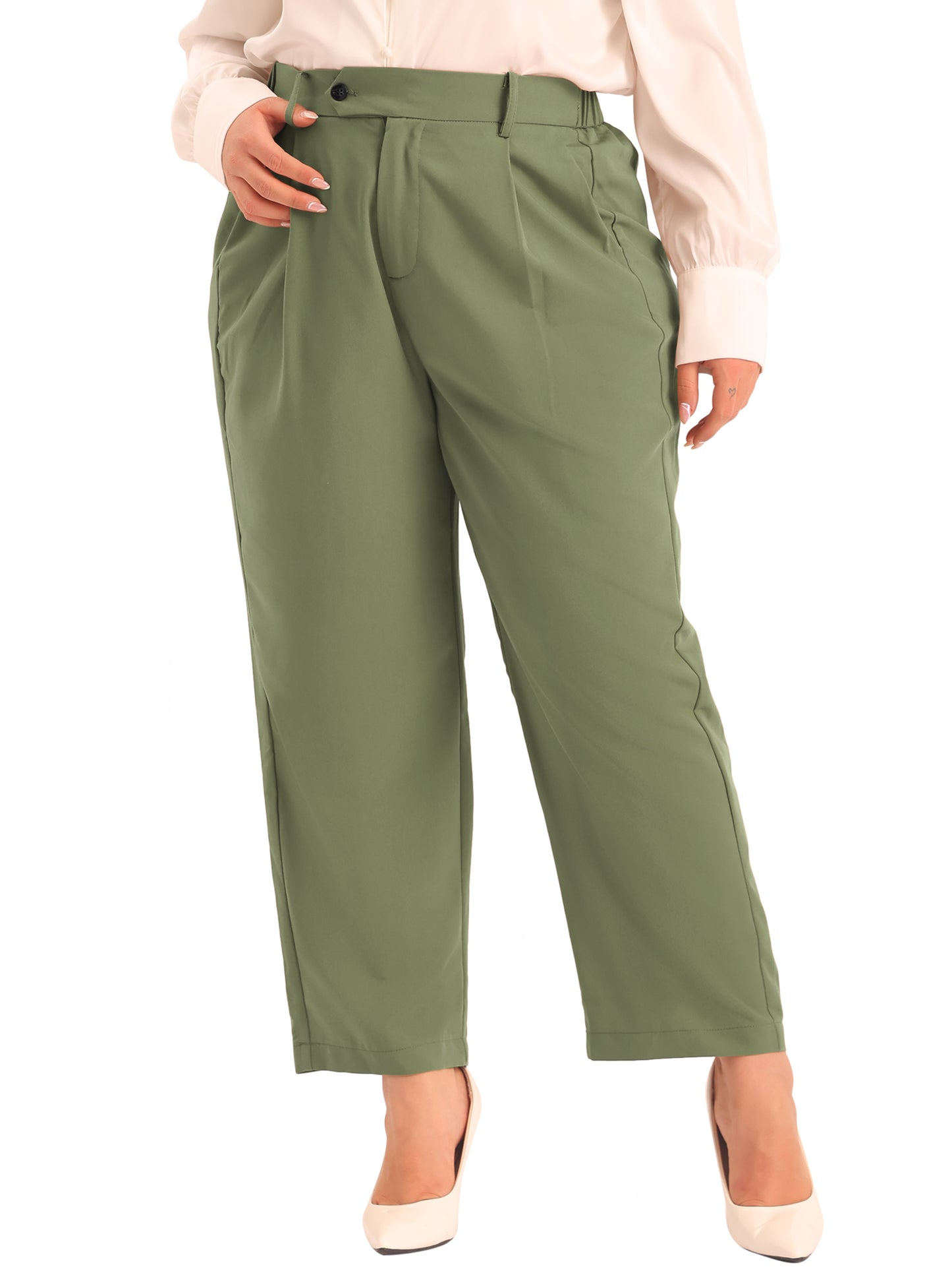 Women Plus Size Pants Elastic High Waisted Long Straight Business Casual Work Pants Trousers with Pockets