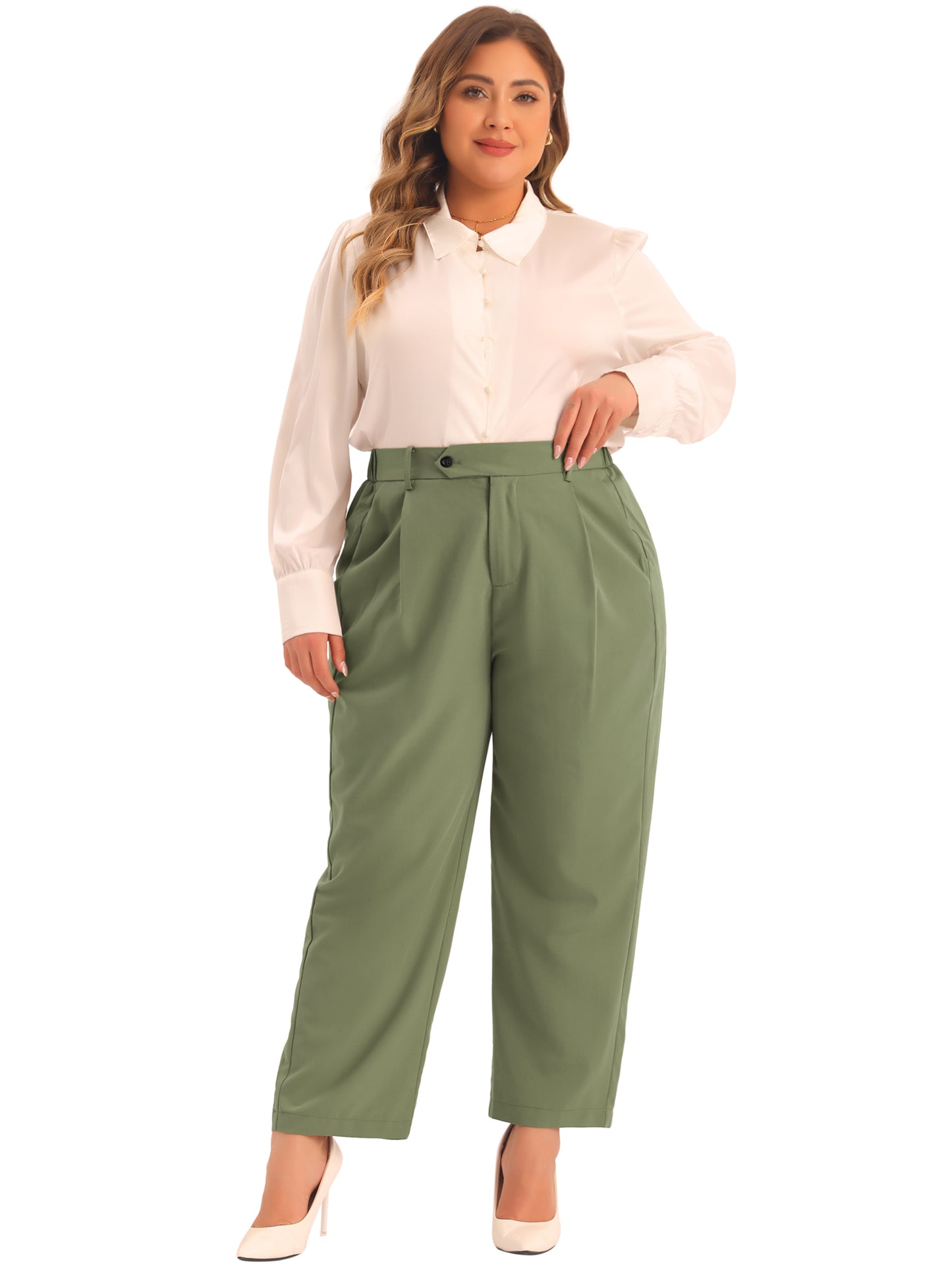 Women Plus Size Pants Elastic High Waisted Long Straight Business Casual Work Pants Trousers with Pockets