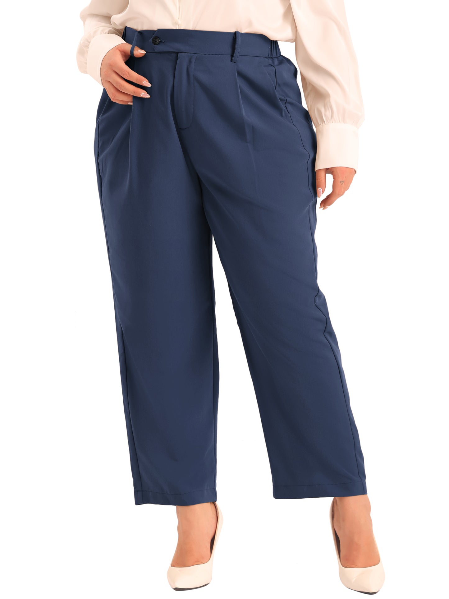 Women Plus Size Pants Elastic High Waisted Long Straight Business Casual Work Pants Trousers with Pockets
