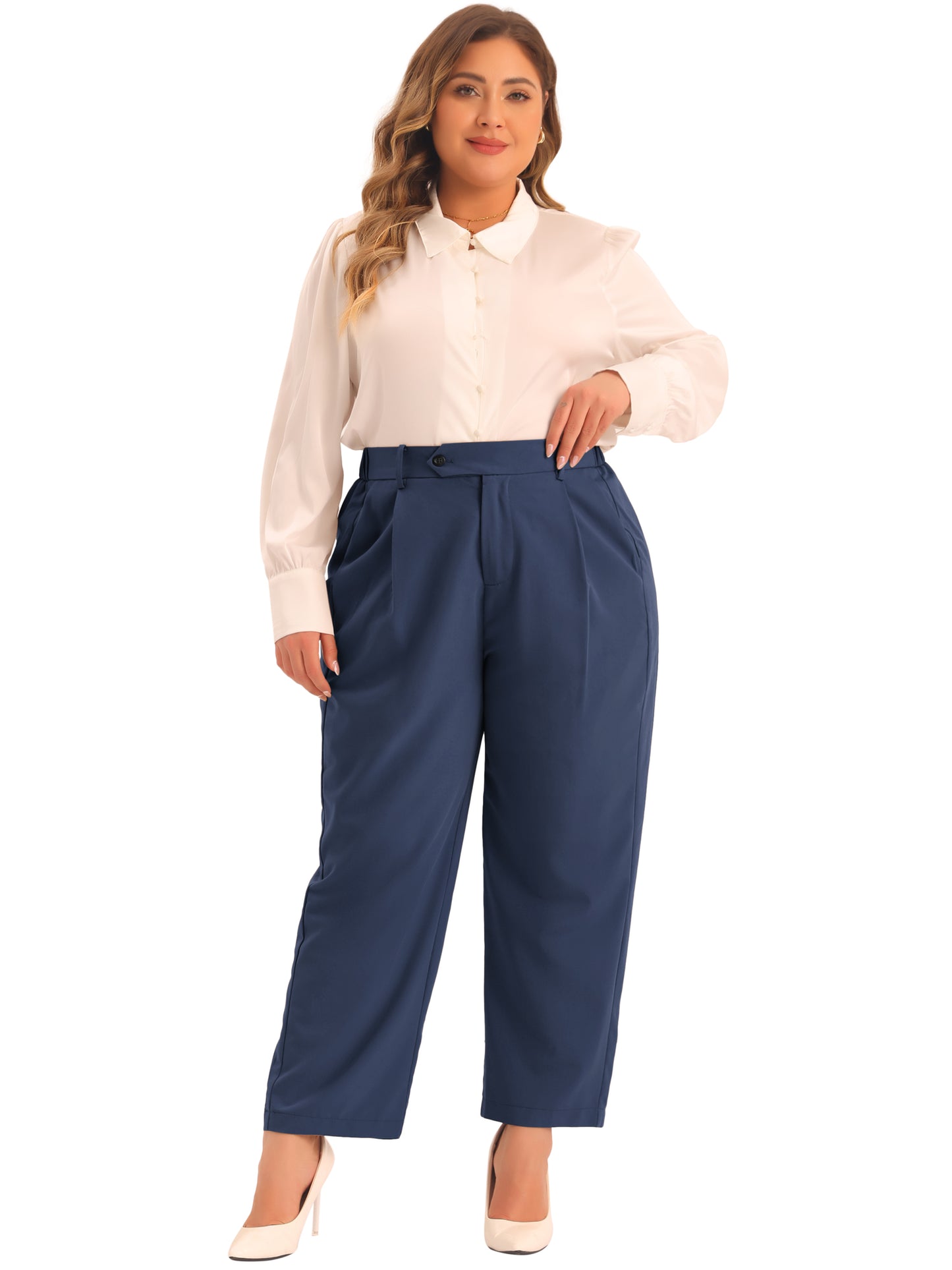 Women Plus Size Pants Elastic High Waisted Long Straight Business Casual Work Pants Trousers with Pockets