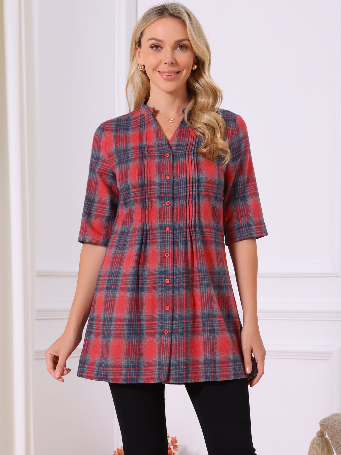 Women's Vintage Check Button Down Shirts V Neck 3/4 Sleeve Christmas Plaid Casual Tunic Blouse Top