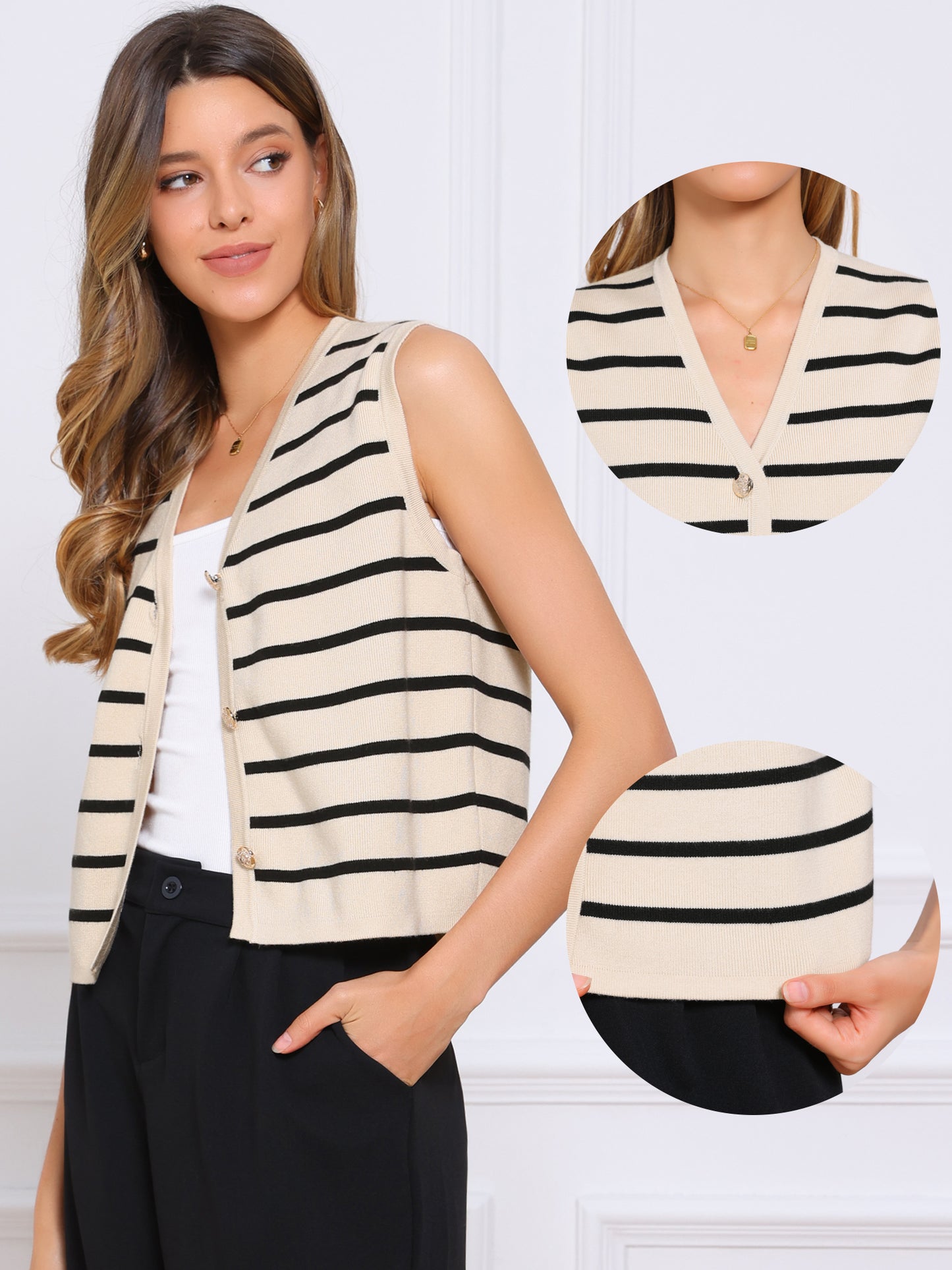 Women's Striped Sweater Vest V Neck Button Up Sleeveless Knit Vests Top