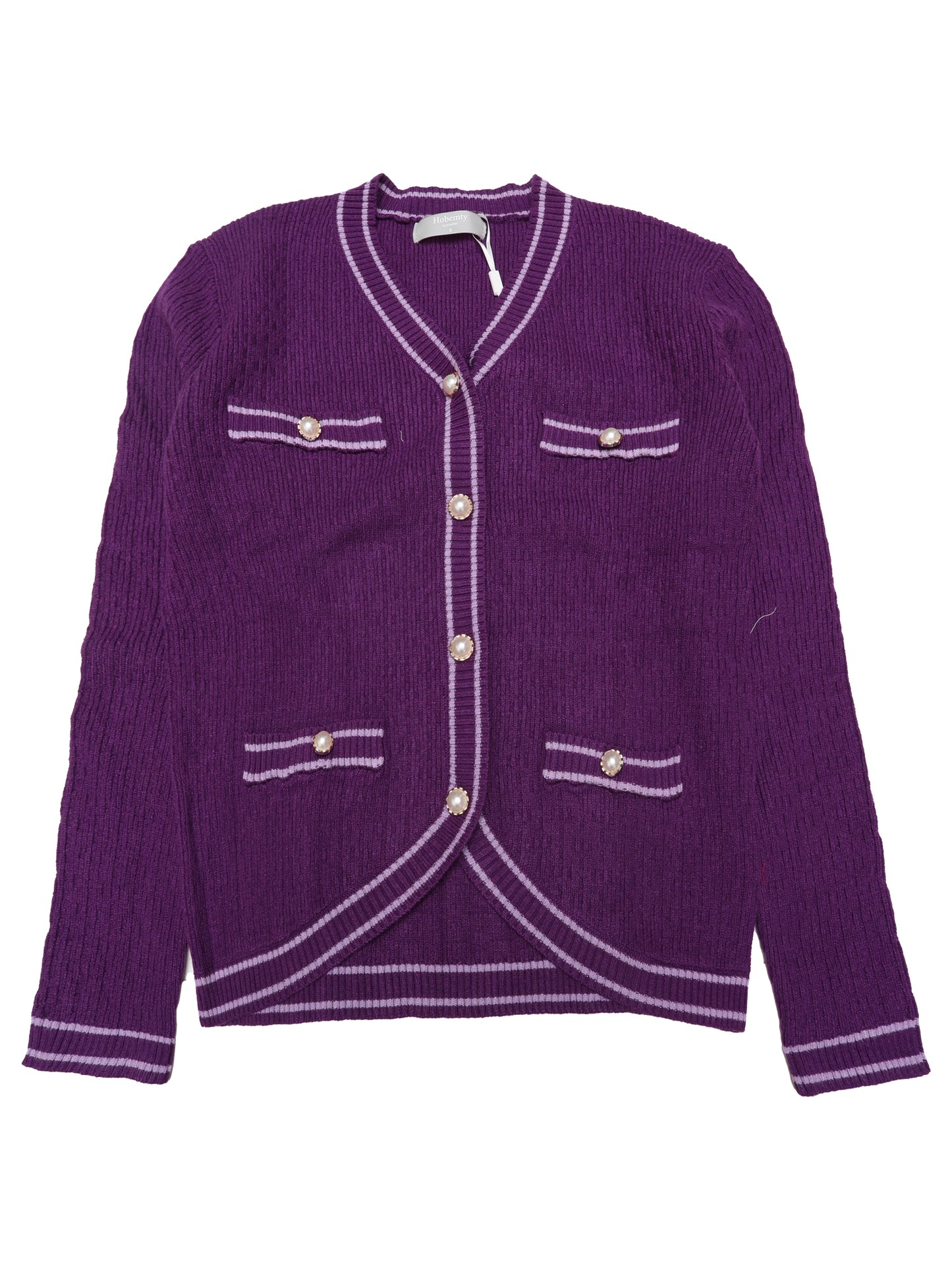 Women's V Neck Cardigan Sweater Long Sleeve Contrast Trim Knit Ribbed Outwear
