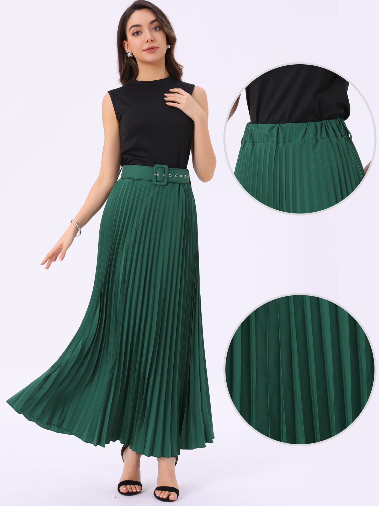 Women's Long Pleated Skirt Elastic High Waist with Belt Swing A-Line Work Maxi Skirt (Available in Plus Size)