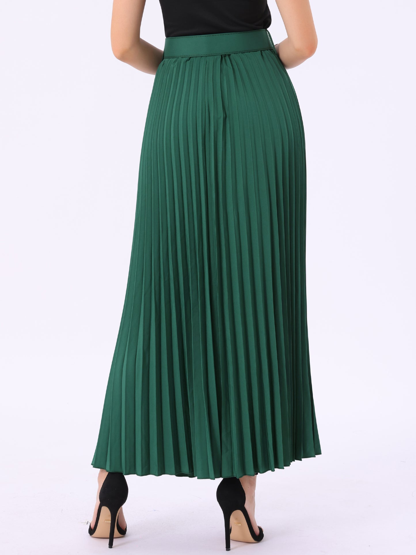 Women's Long Pleated Skirt Elastic High Waist with Belt Swing A-Line Work Maxi Skirt (Available in Plus Size)
