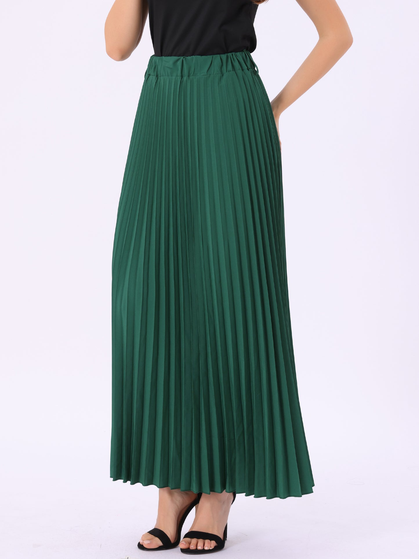 Women's Long Pleated Skirt Elastic High Waist with Belt Swing A-Line Work Maxi Skirt (Available in Plus Size)