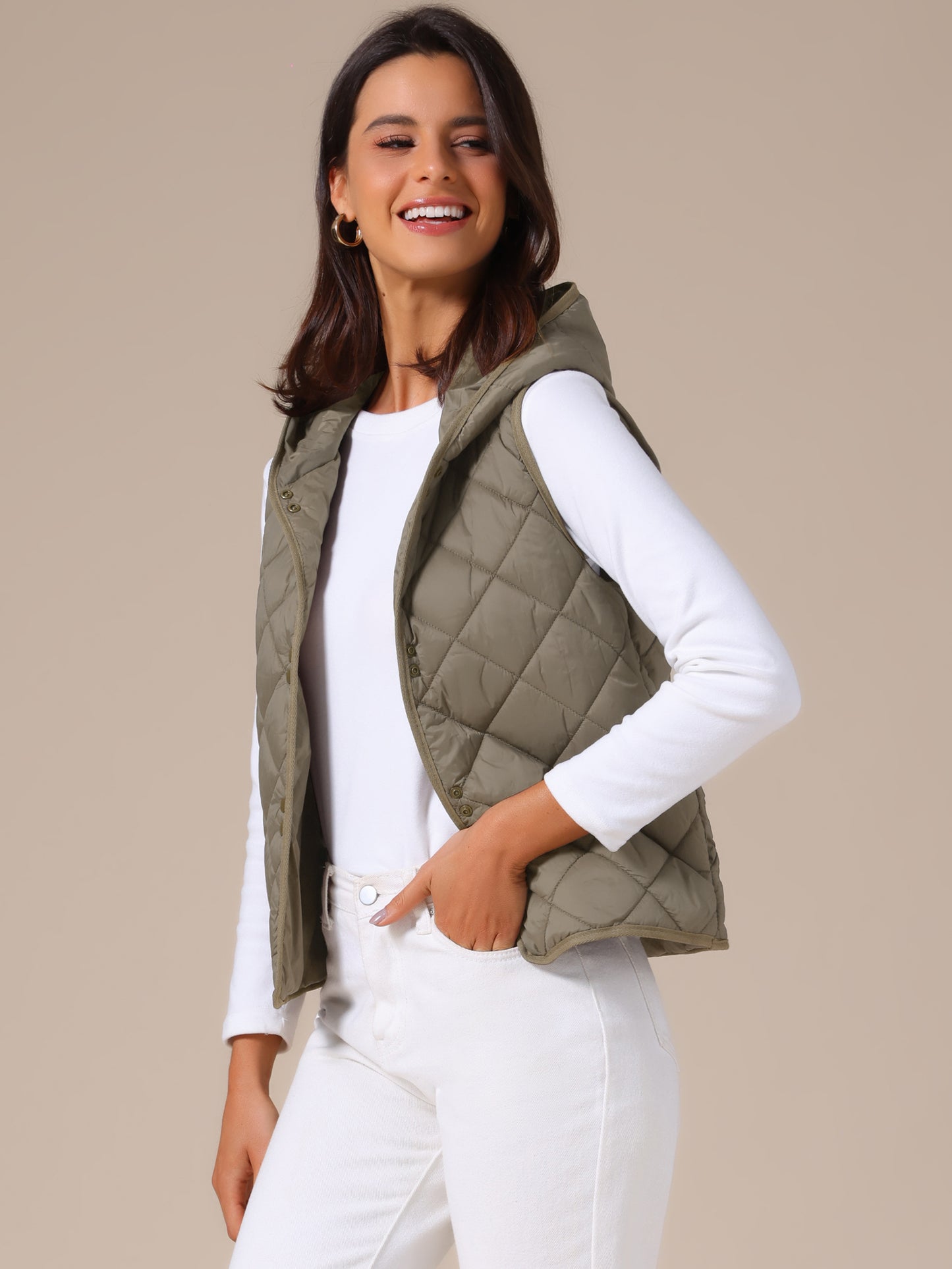 Women's Lightweight Hooded Sleeveless Button Down Puffer Vest