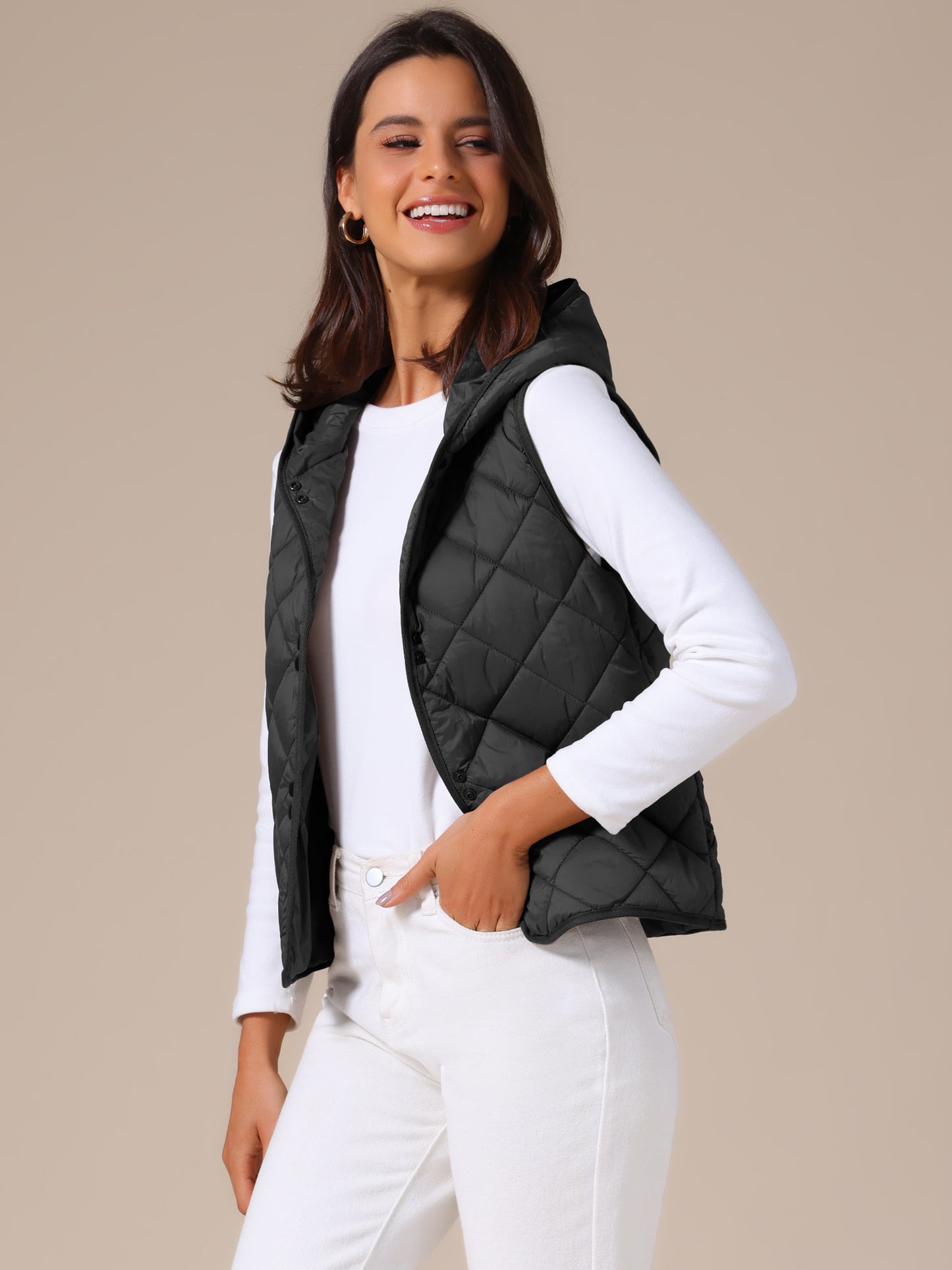 Women's Lightweight Hooded Sleeveless Button Down Puffer Vest