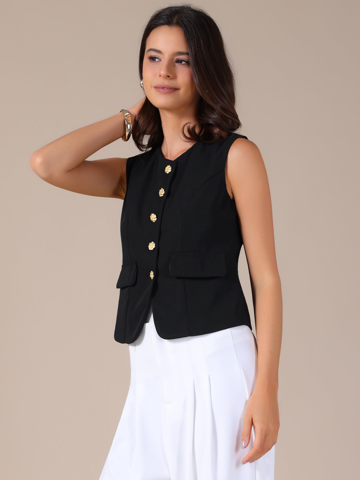Women's Round Neck Sleeveless Floral Button Business Casual Suit Vest