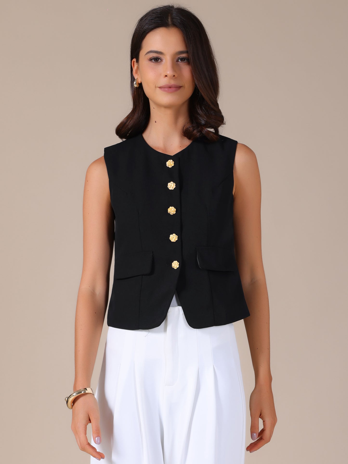 Women's Round Neck Sleeveless Floral Button Business Casual Suit Vest