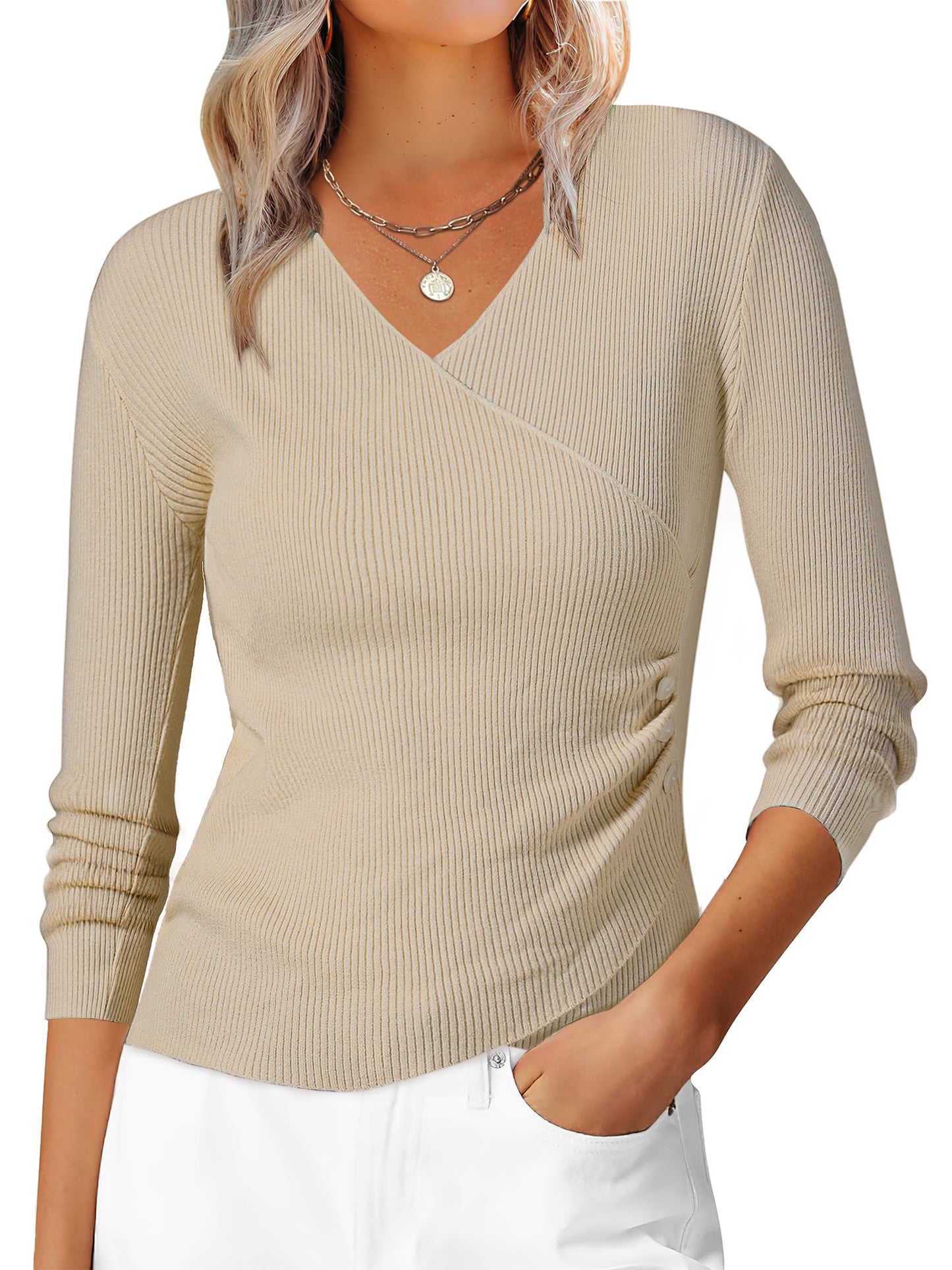 Women's V-Neck Knitted Sweaters Ruched Button Long Sleeve Cross Wrap Sexy Slim Fit Tops