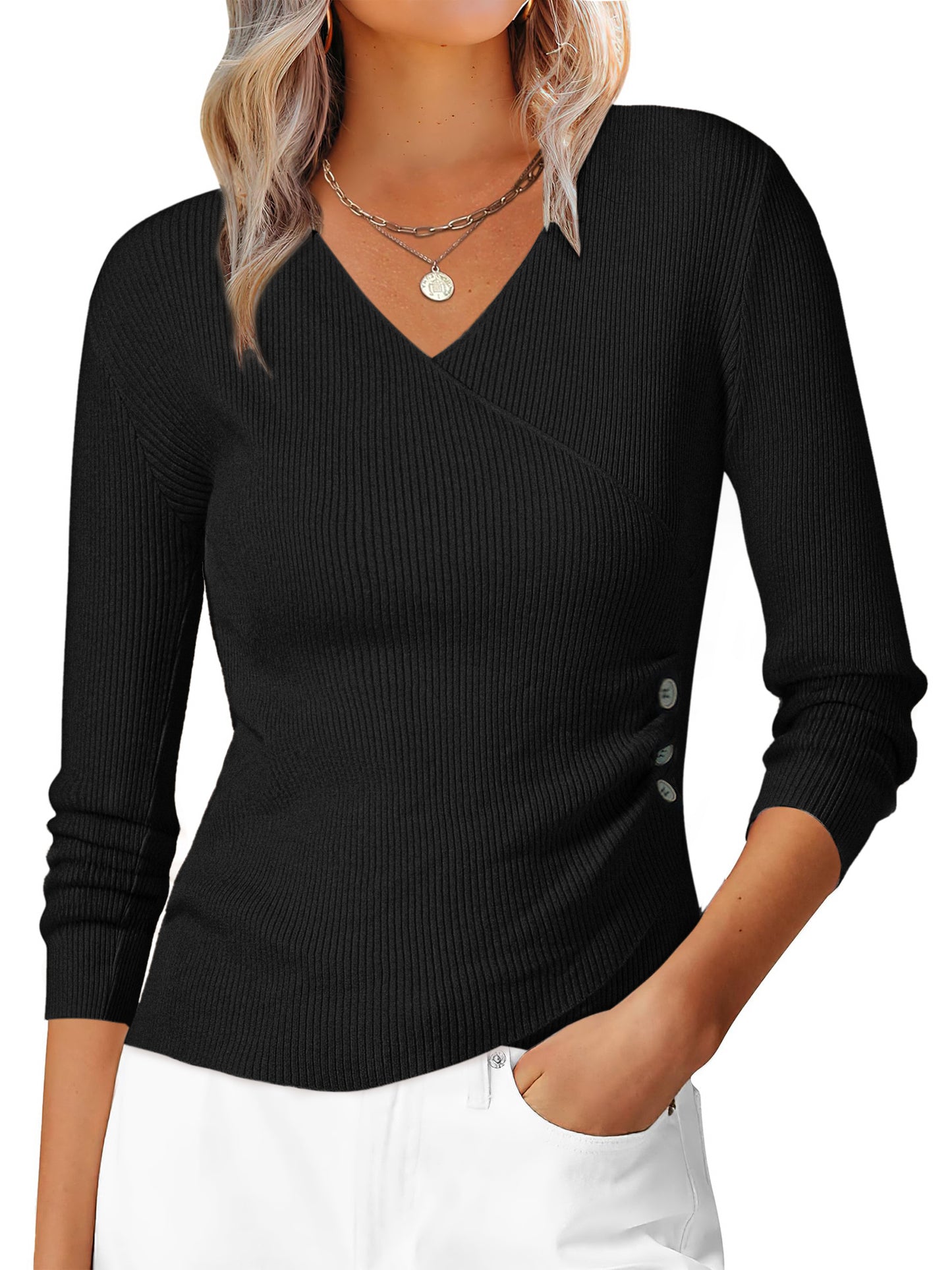 Women's V-Neck Knitted Sweaters Ruched Button Long Sleeve Cross Wrap Sexy Slim Fit Tops