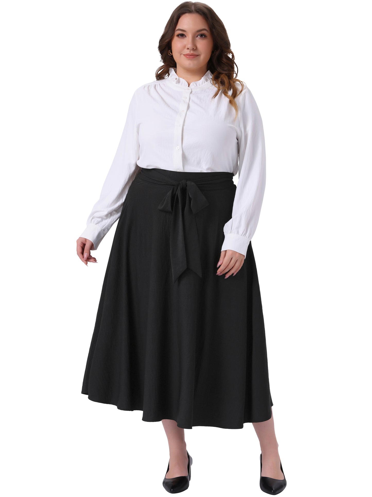Women Plus Size Skirt Tie Knot High Waist A-Line Flowy Swing Midi Skirts with Pockets