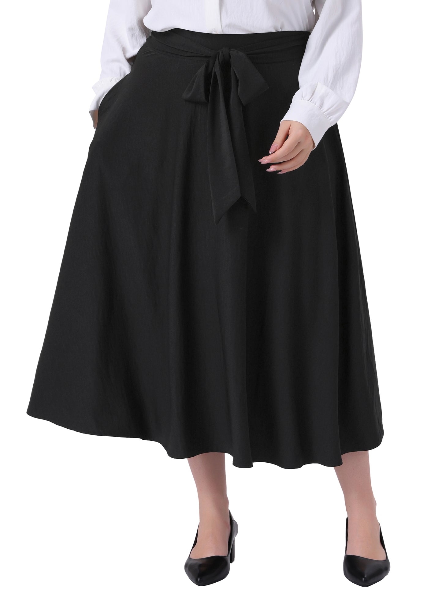 Women Plus Size Skirt Tie Knot High Waist A-Line Flowy Swing Midi Skirts with Pockets