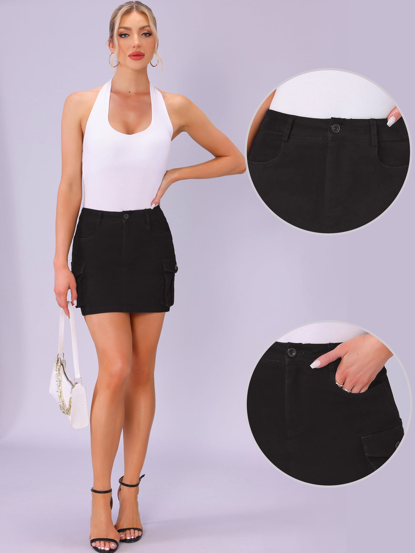 Women's Cotton Blend Low Waist Stretch Denim Cargo Mini Skirt