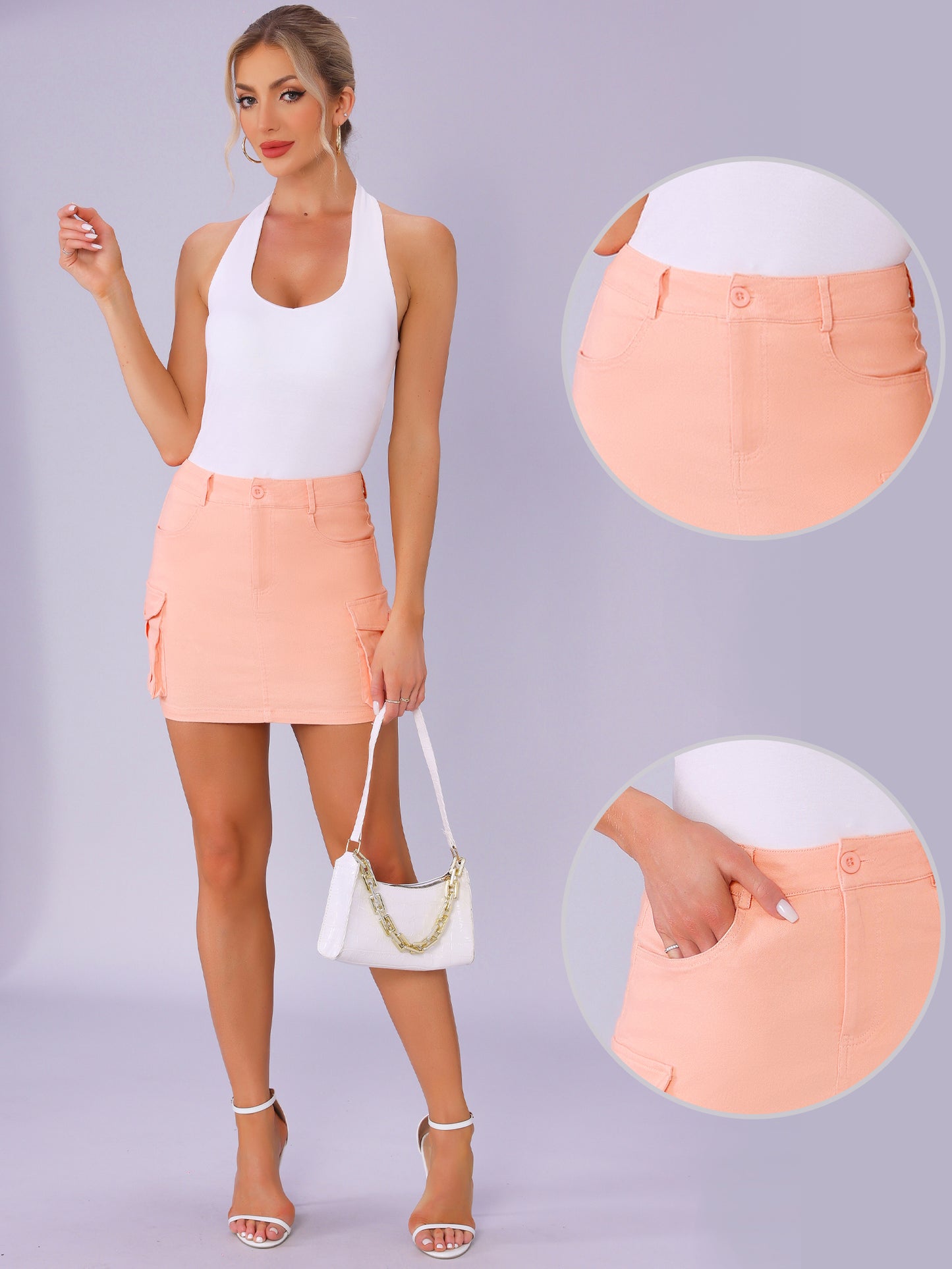 Women's Cotton Blend Low Waist Stretch Denim Cargo Mini Skirt