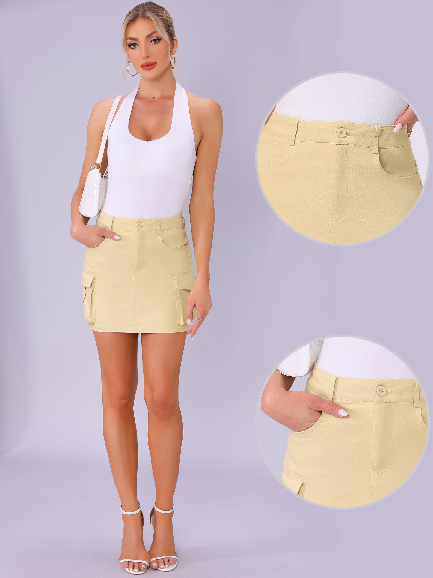 Women's Cotton Blend Low Waist Stretch Denim Cargo Mini Skirt