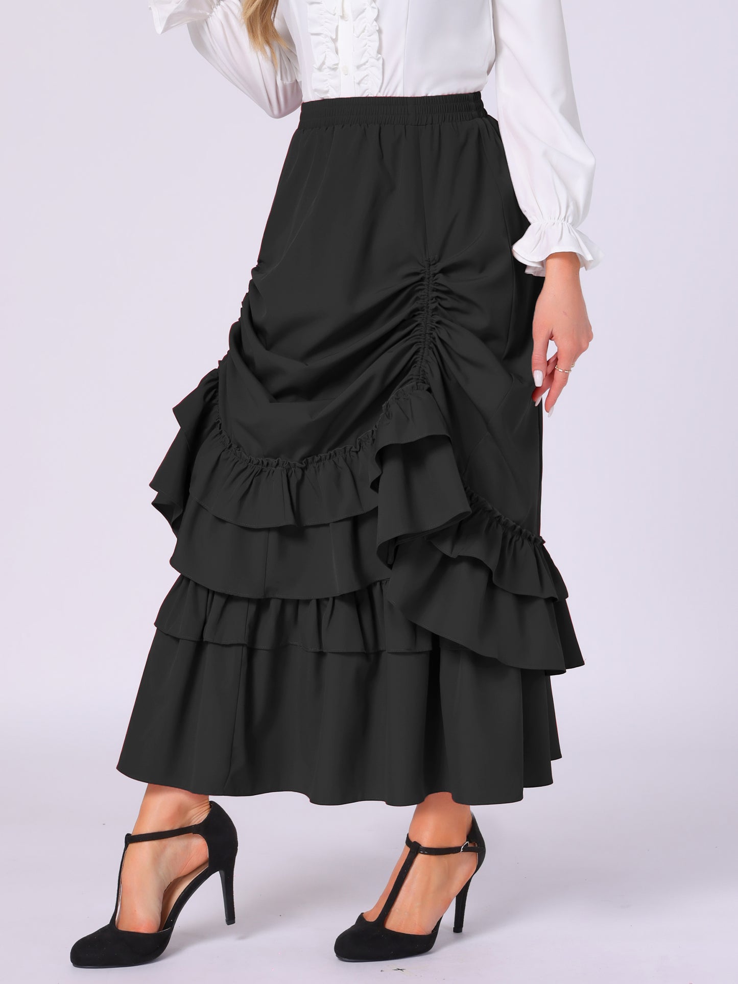 Women's Steampunk Ruffle Layered Drawstring Vintage Gothic Victorian Skirt