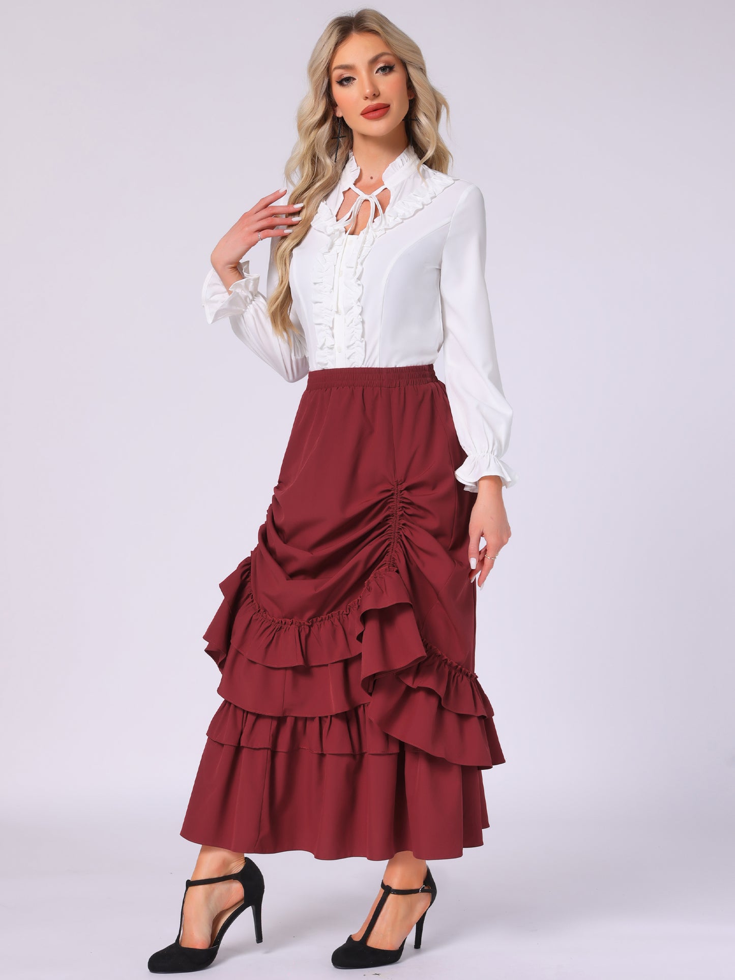 Women's Steampunk Ruffle Layered Drawstring Vintage Gothic Victorian Skirt
