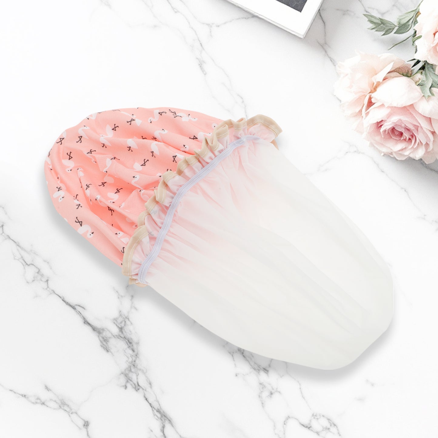 1 Pc Reusable Birds Pattern Shower Cap for Shower Orange Pink