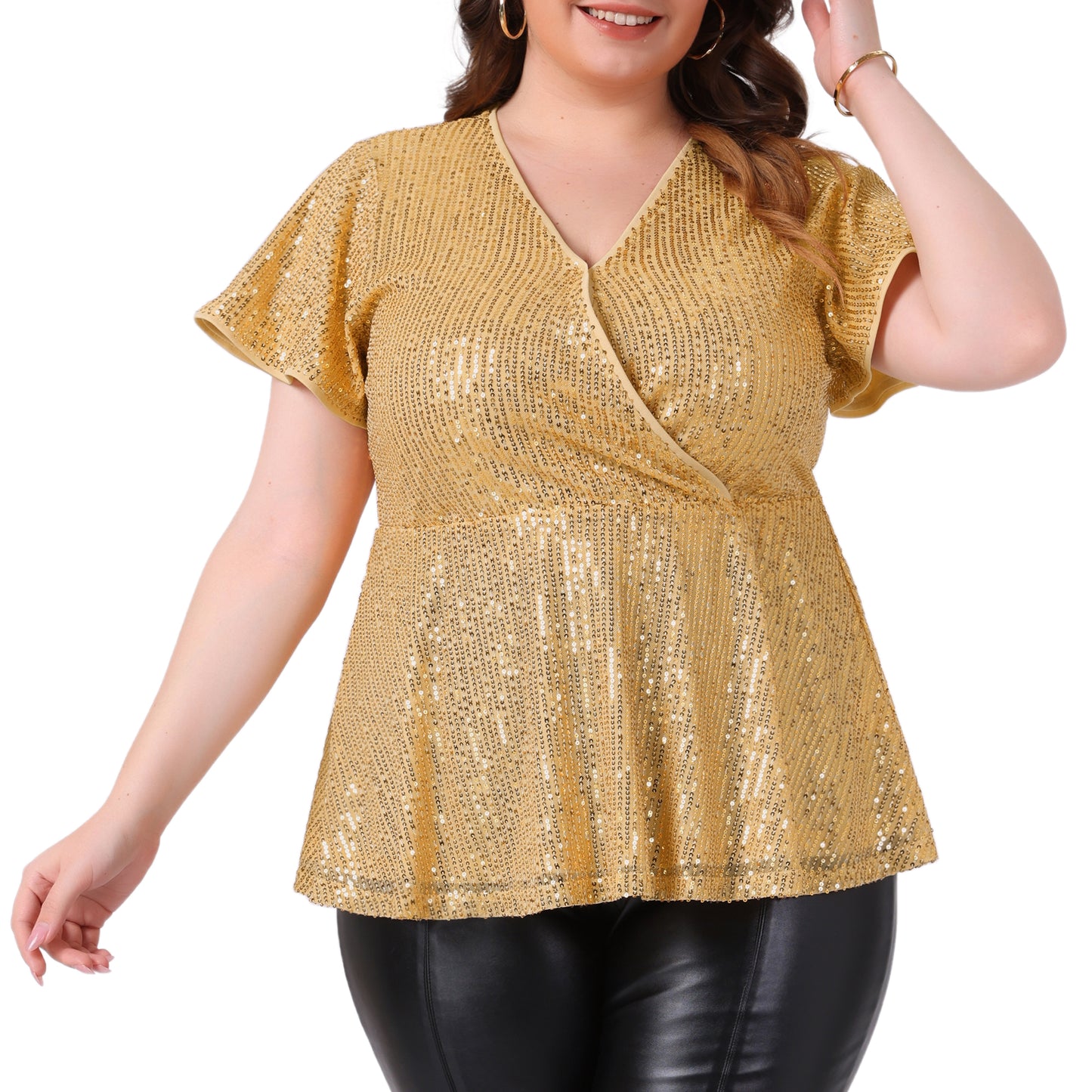 Women Plus Size Sequin Top V Neck Faux Wrap Metallic Short Sleeve Peplum Blouse Partywear