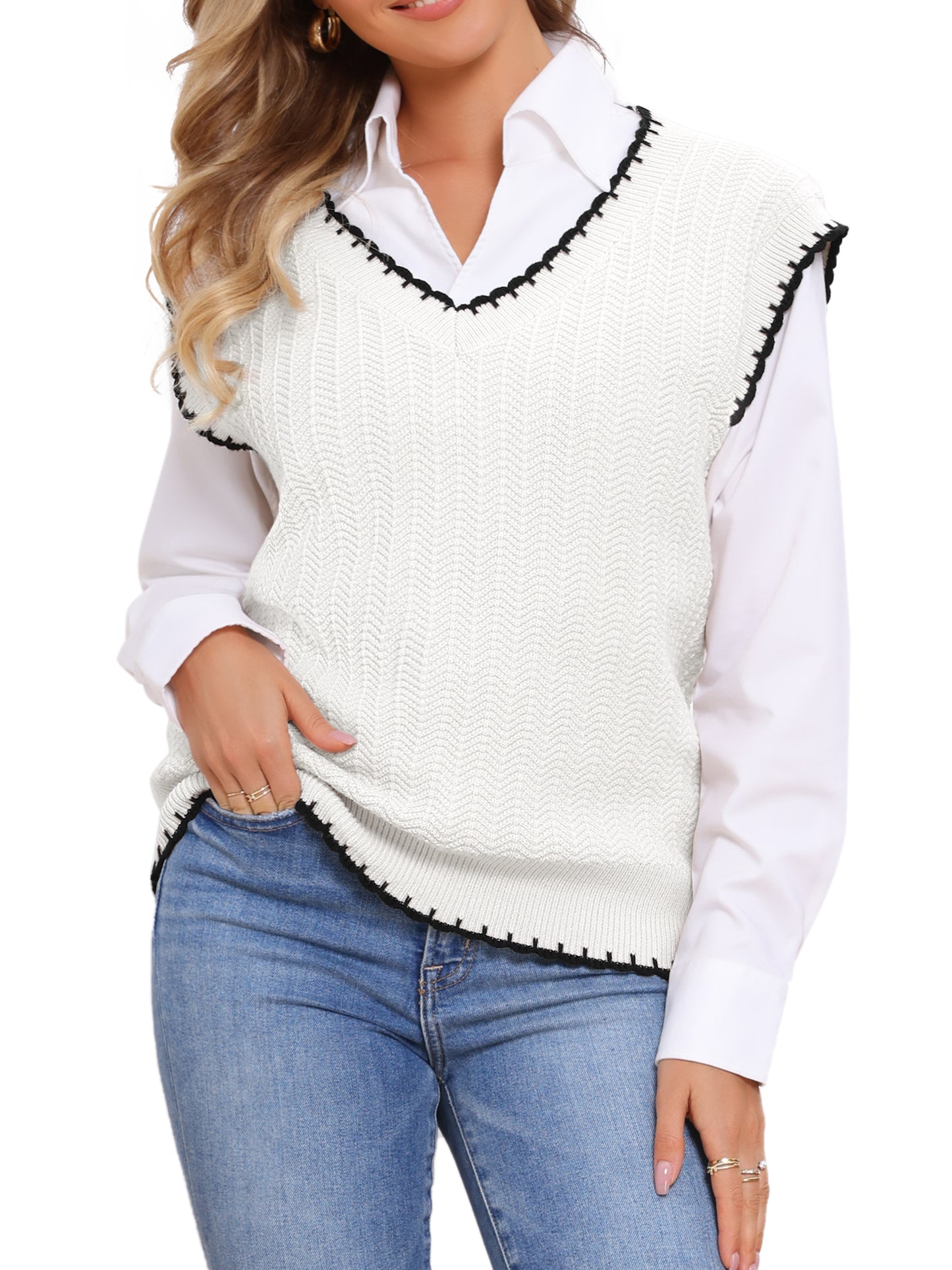 Women's Sweater Vest V Neck Contrast Color Sleeveless Knit Pullover Top