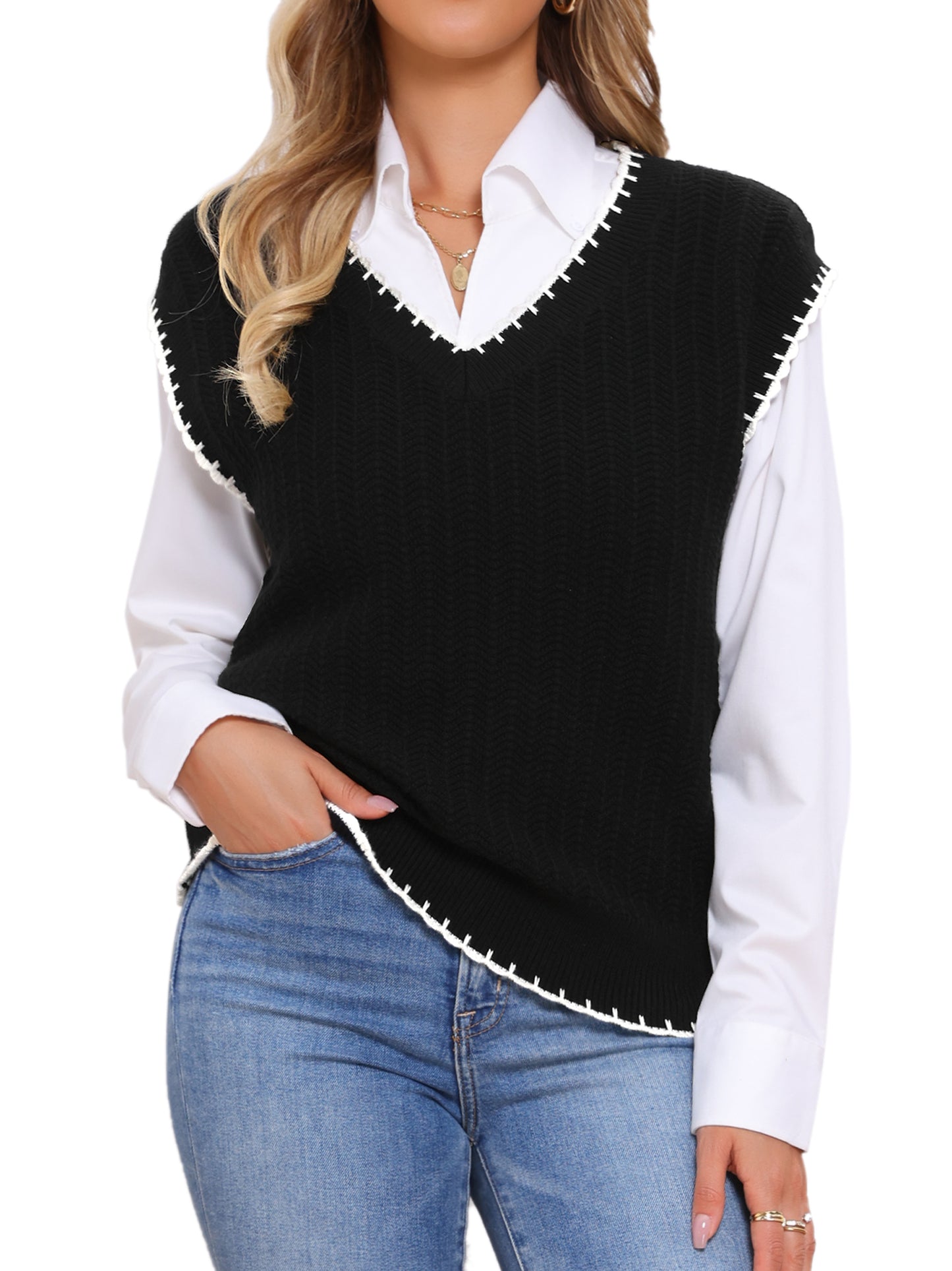 Women's Sweater Vest V Neck Contrast Color Sleeveless Knit Pullover Top