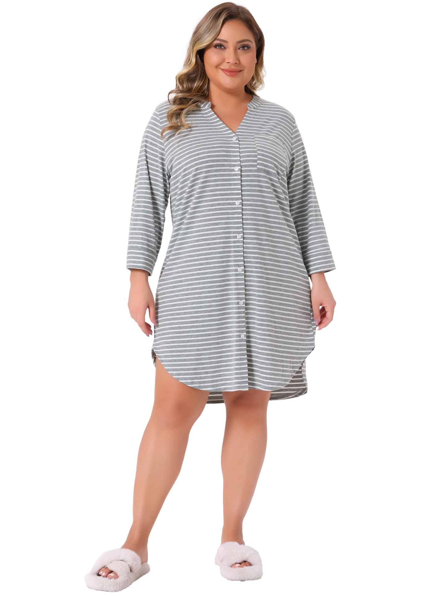 Women's Plus Size Button Down Sleepshirt Pajamas Dress V Neck 3/4 Sleeve Nightdress