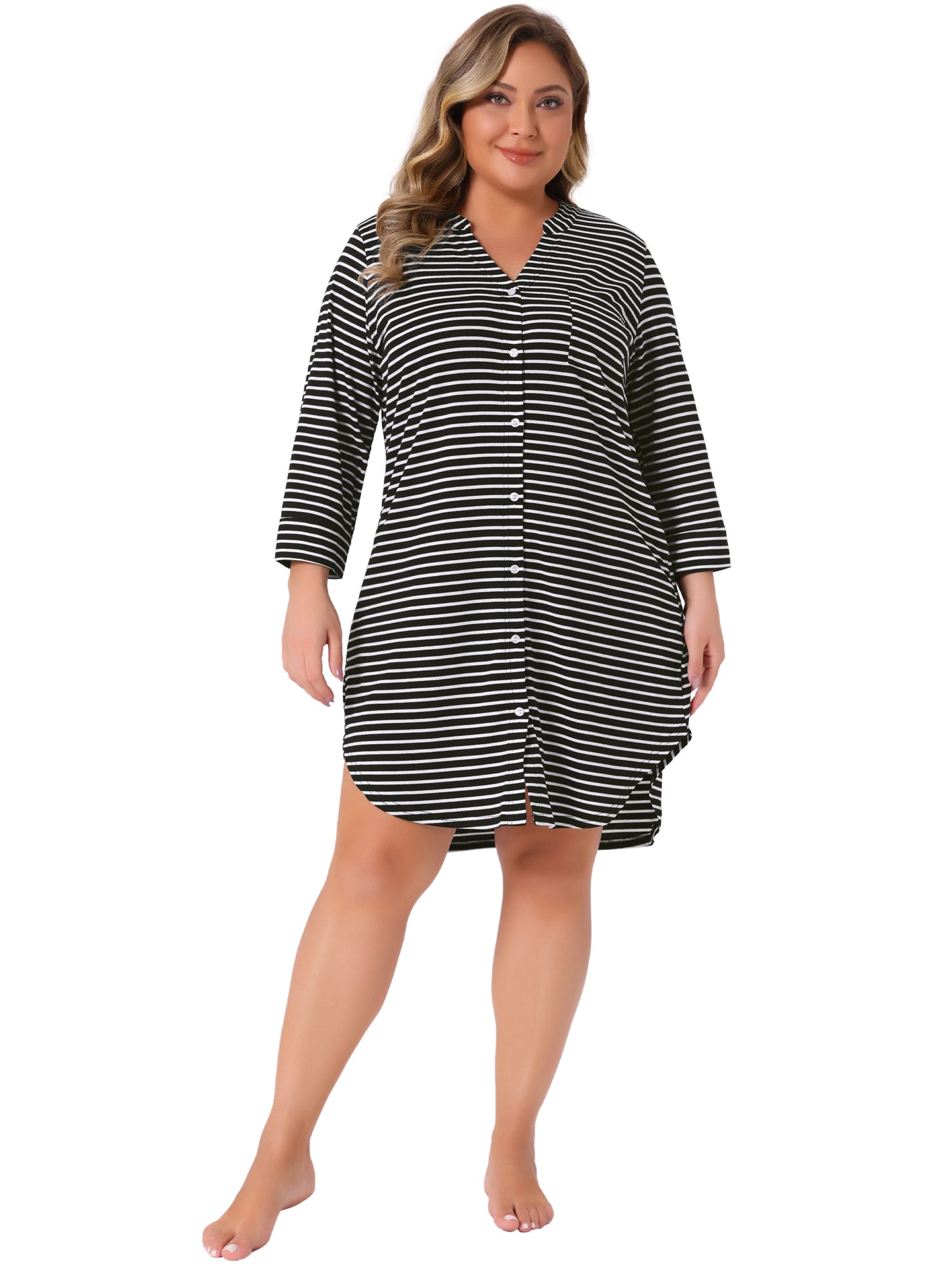 Women's Plus Size Button Down Sleepshirt Pajamas Dress V Neck 3/4 Sleeve Nightdress