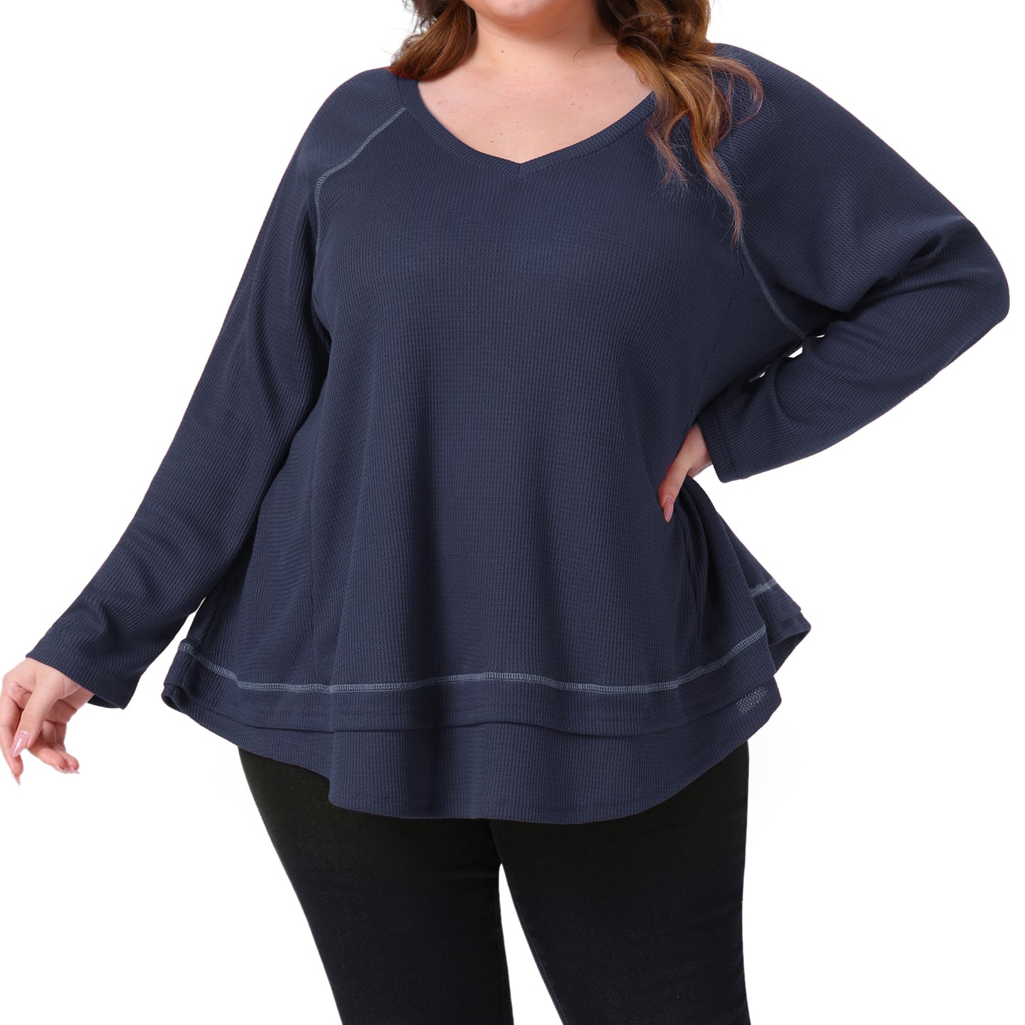 Women Plus Size Waffle Knitted Top V Neck Long Sleeve Patchwork Hem Pullover Knit Sweater Blouse