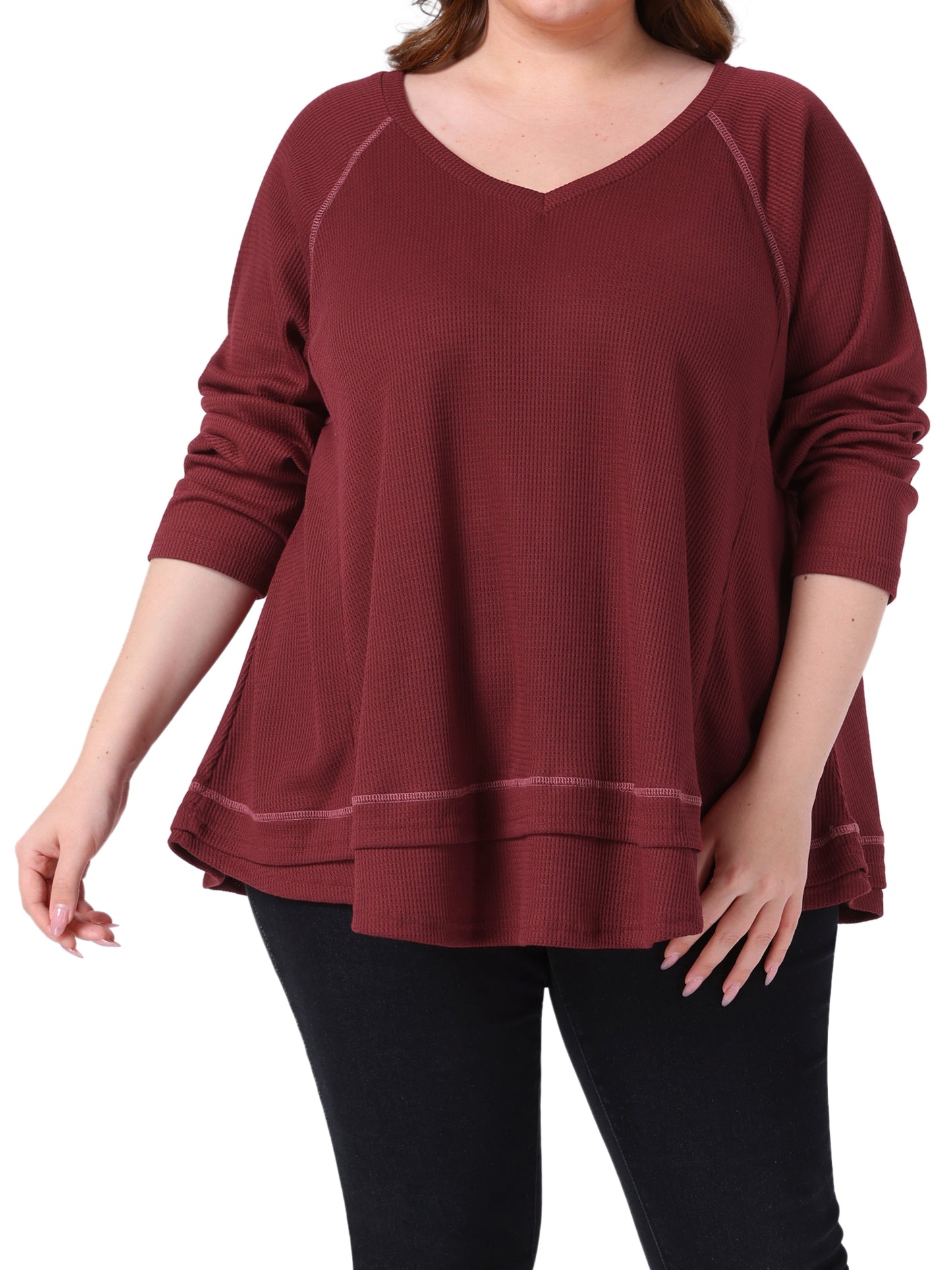 Women Plus Size Waffle Knitted Top V Neck Long Sleeve Patchwork Hem Pullover Knit Sweater Blouse