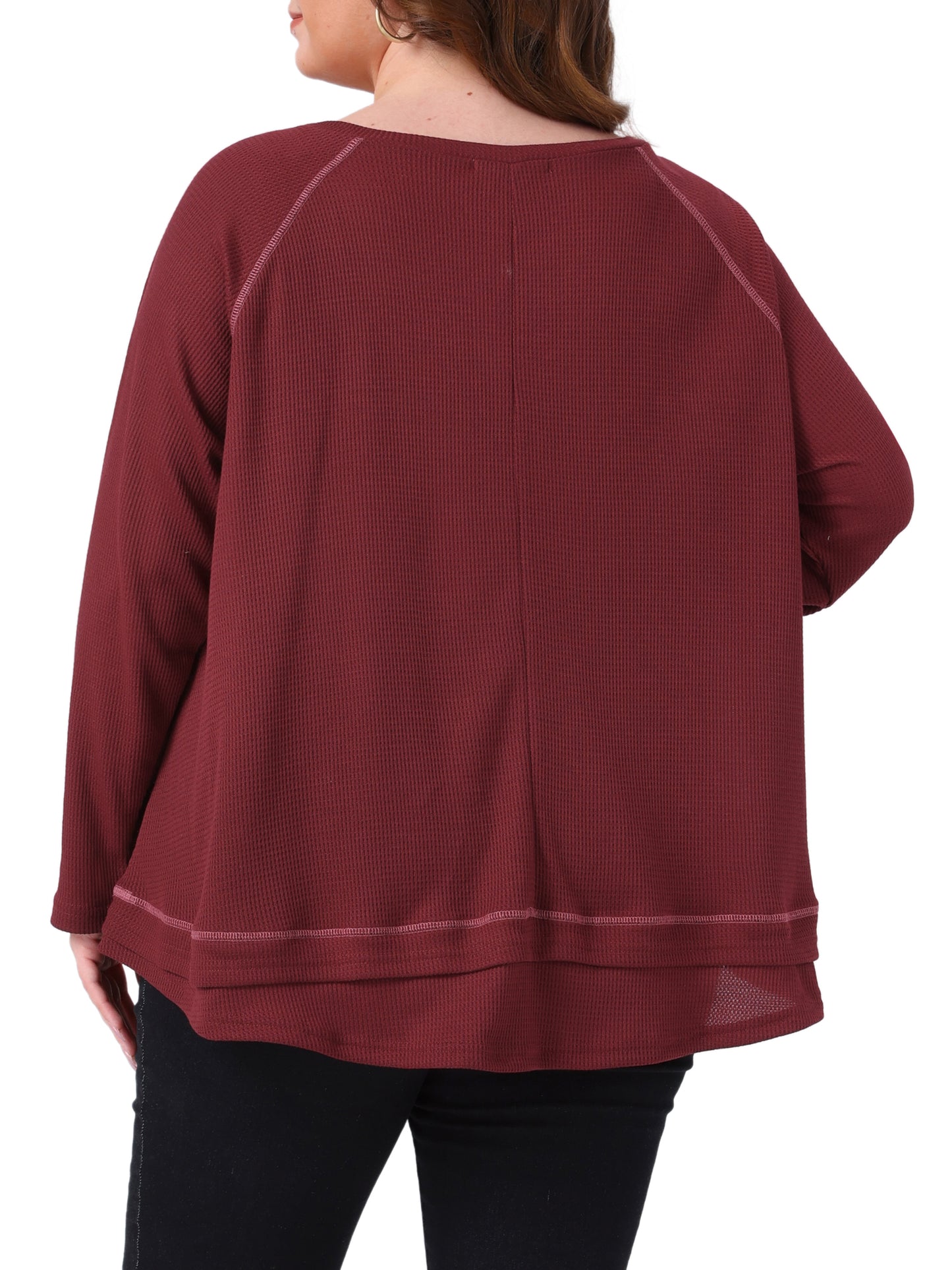 Women Plus Size Waffle Knitted Top V Neck Long Sleeve Patchwork Hem Pullover Knit Sweater Blouse