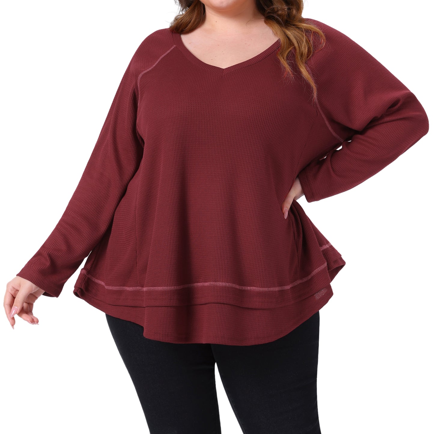 Women Plus Size Waffle Knitted Top V Neck Long Sleeve Patchwork Hem Pullover Knit Sweater Blouse