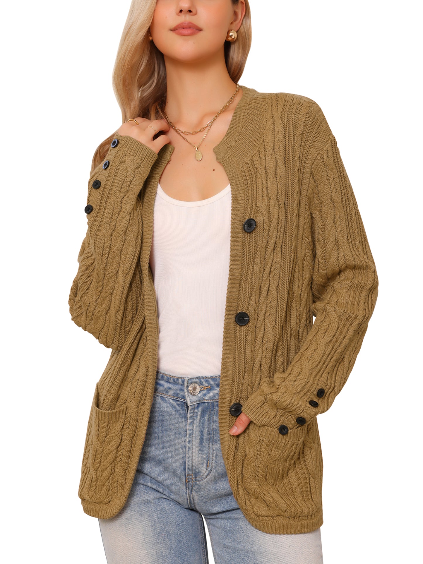 Women's Cardigan Sweaters Open Front Button Down Long Sleeve Fall Casual Cable Knit Sweater with Pockets