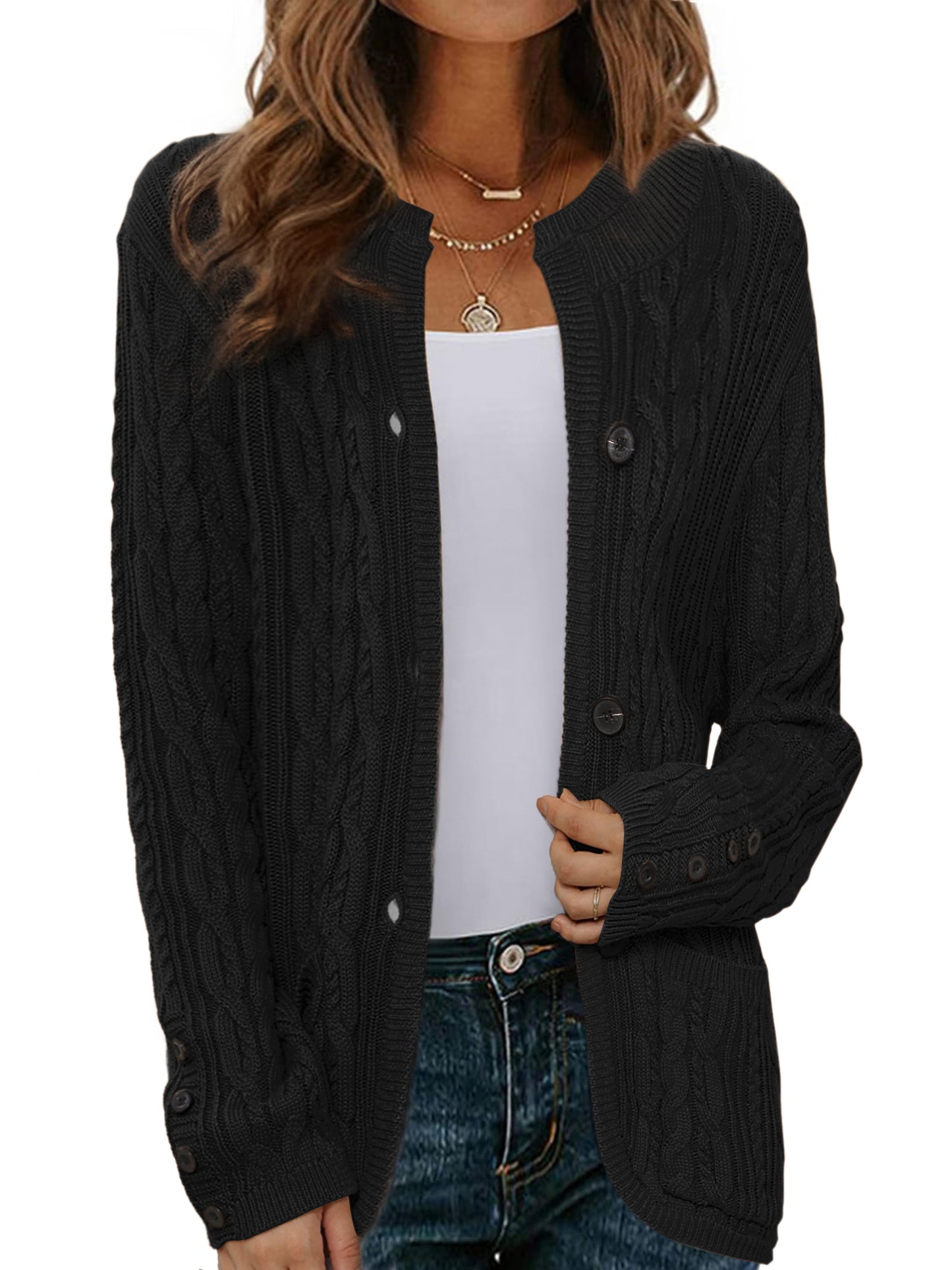 Suéter tipo cárdigan para mujer, de manga larga, con botones y abertura frontal, informal, de otoño, con punto trenzado y bolsillos.