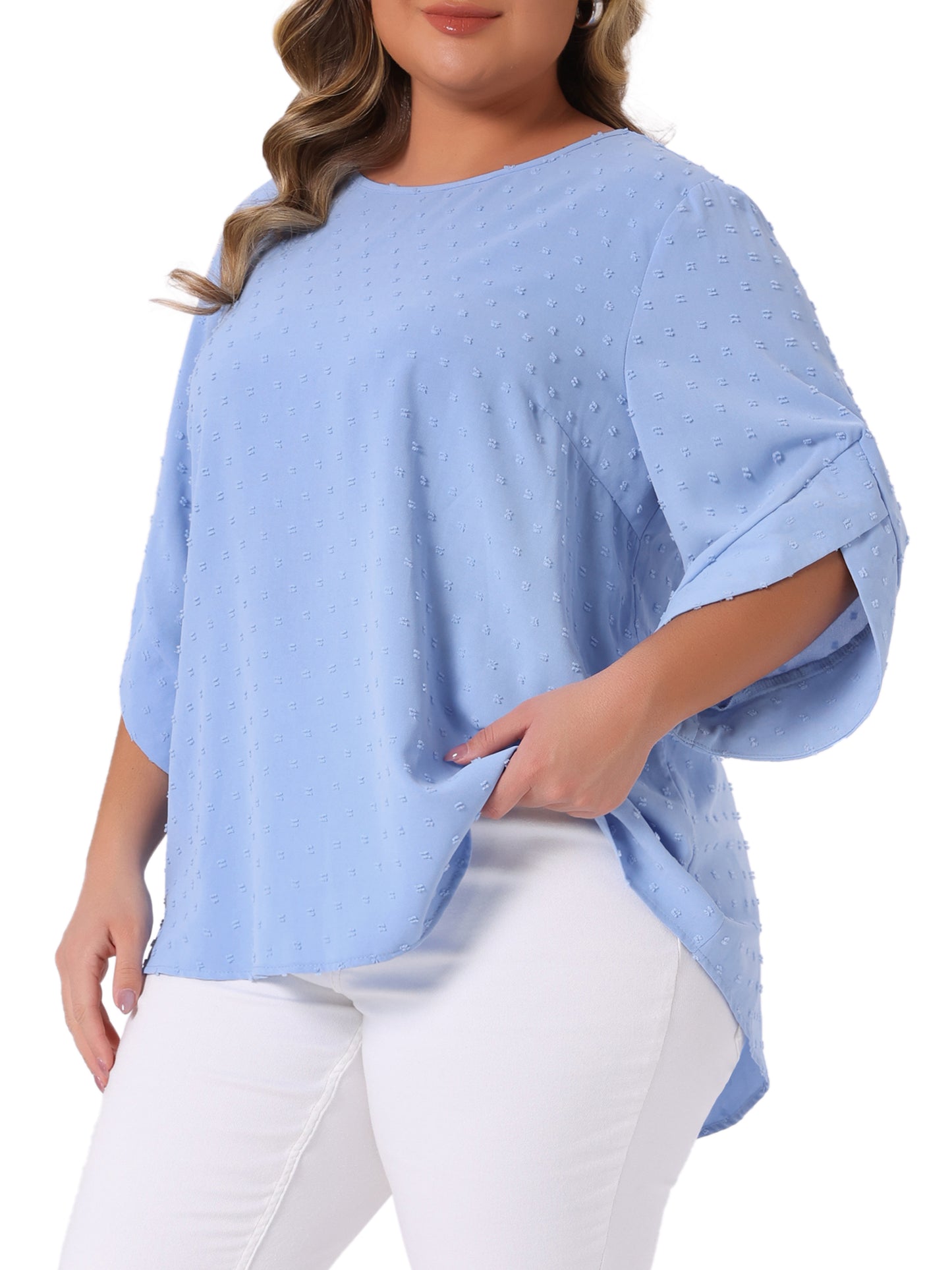 Blusa informal de verano con cuello redondo y mangas de pétalos para mujer, talla grande