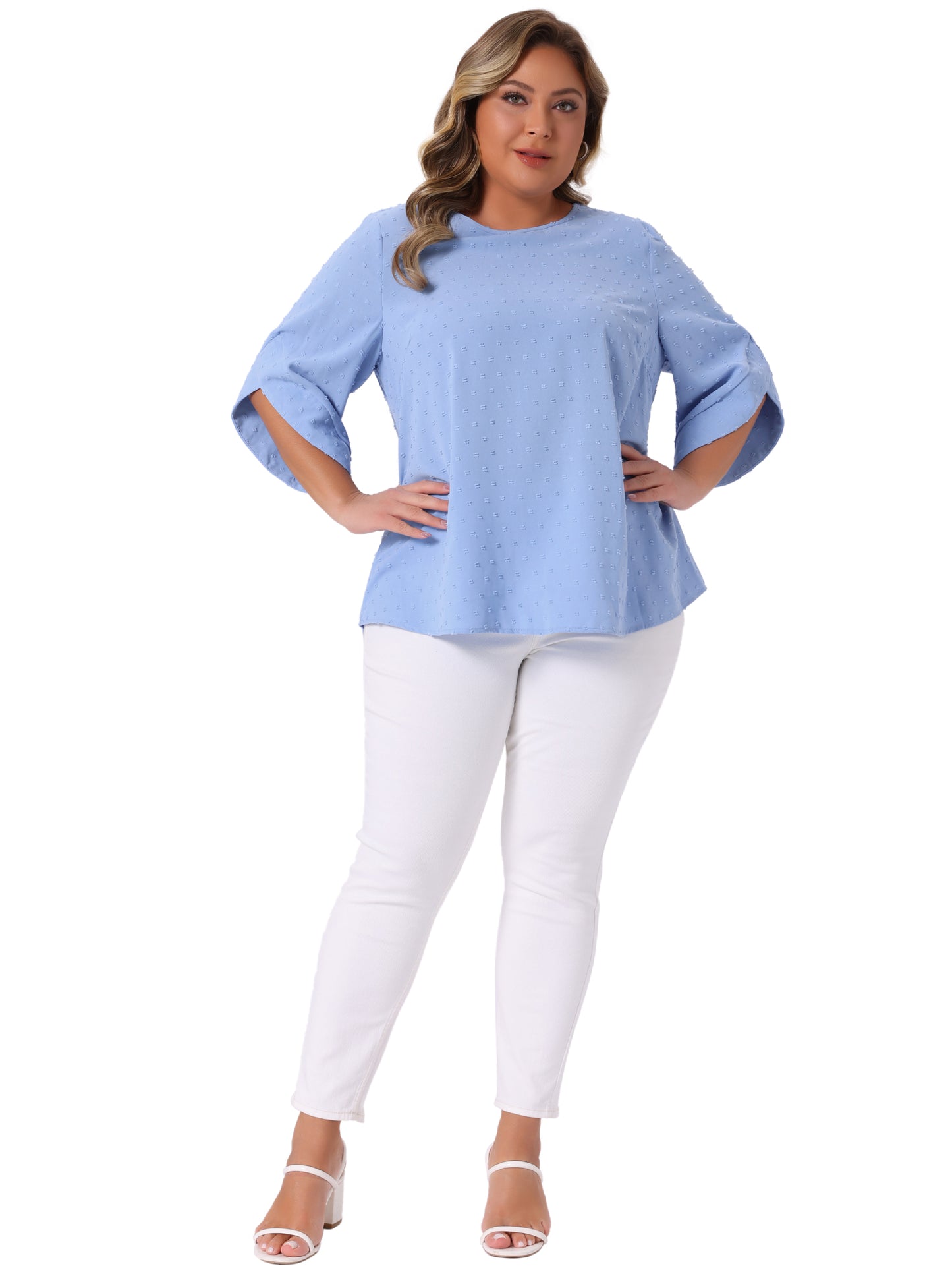 Blusa informal de verano con cuello redondo y mangas de pétalos para mujer, talla grande