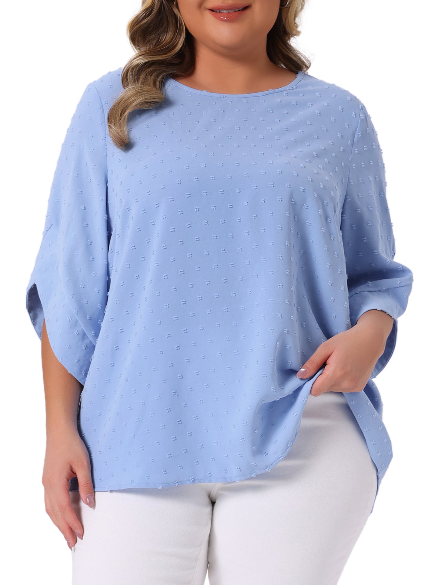 Blusa informal de verano con cuello redondo y mangas de pétalos para mujer, talla grande