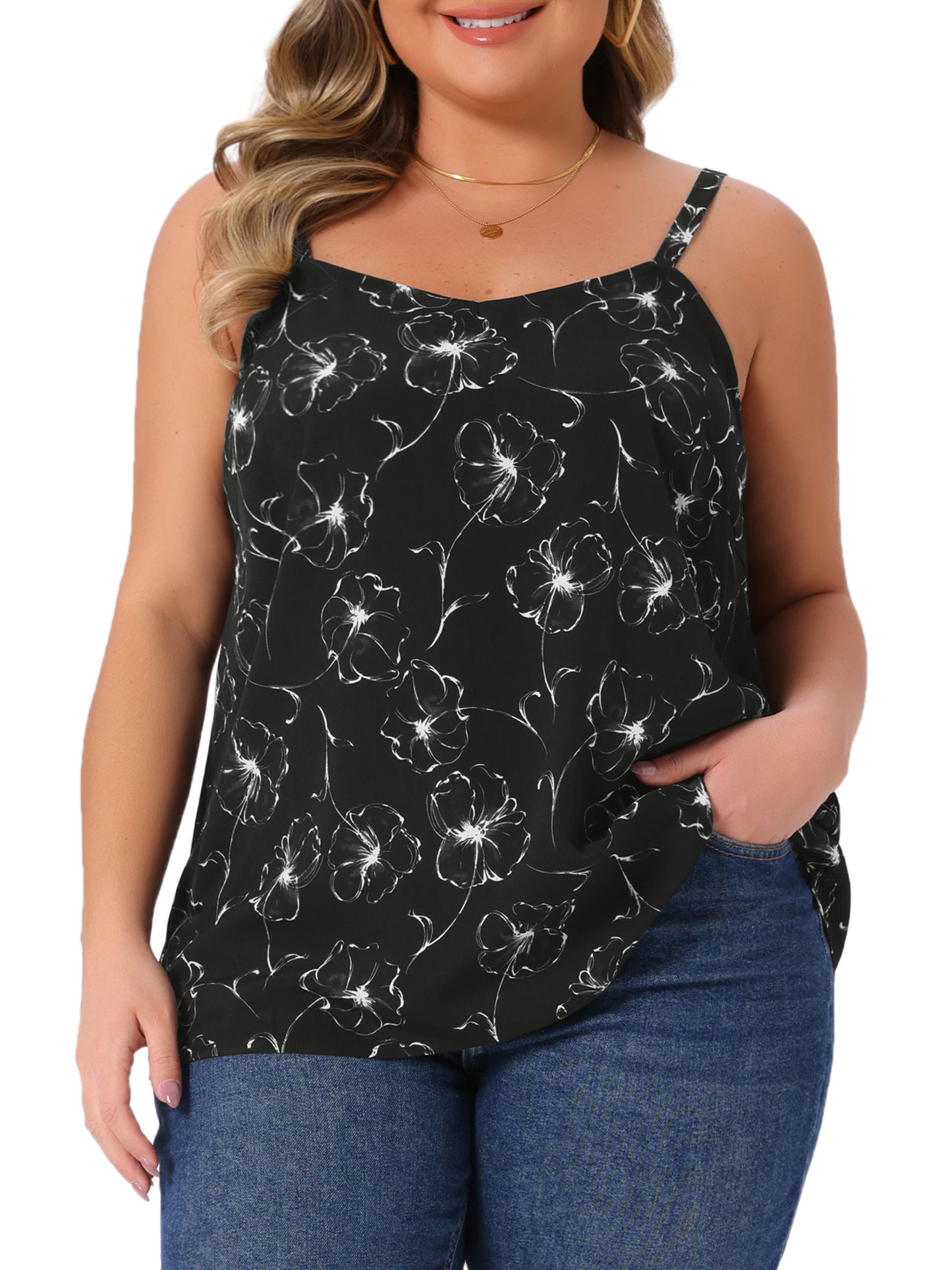 Women Plus Size Cami Tank Top V Neck Sleeveless Adjustable Straps Floral Summer Top