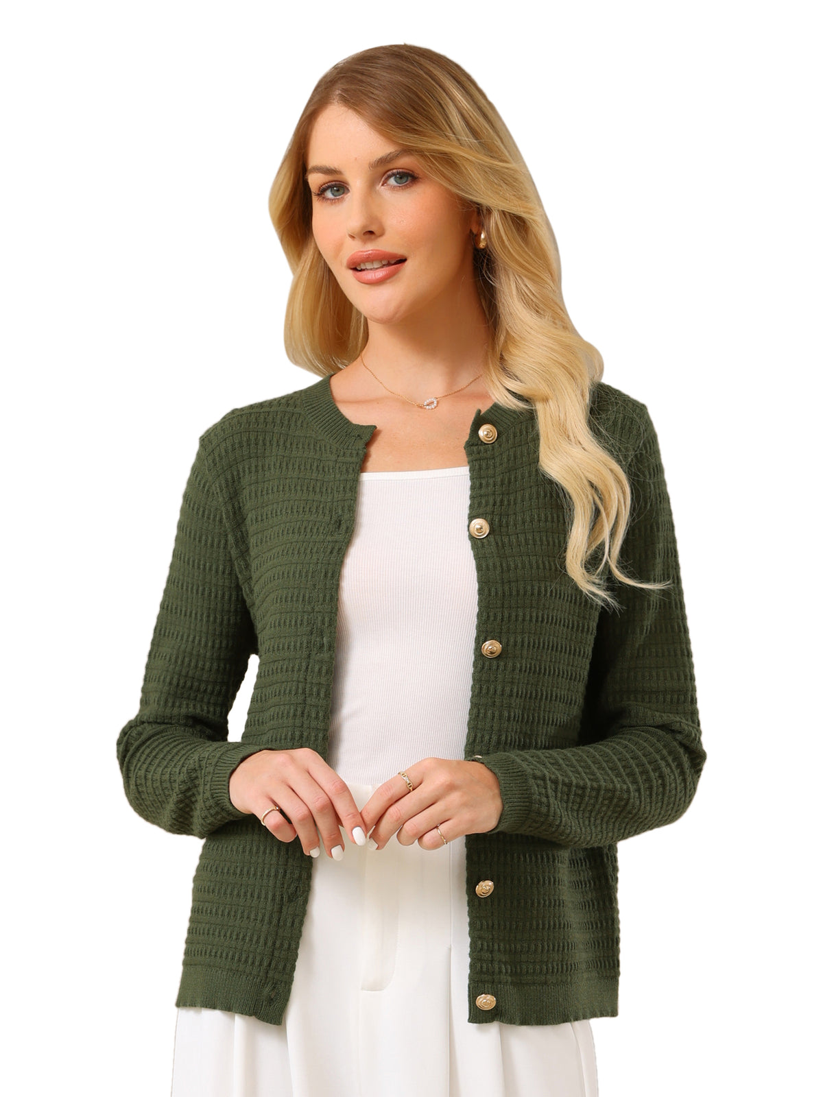 Women's Button Down Cardigan Sweater Crewneck Long Sleeve Knit Ribbed Outwear