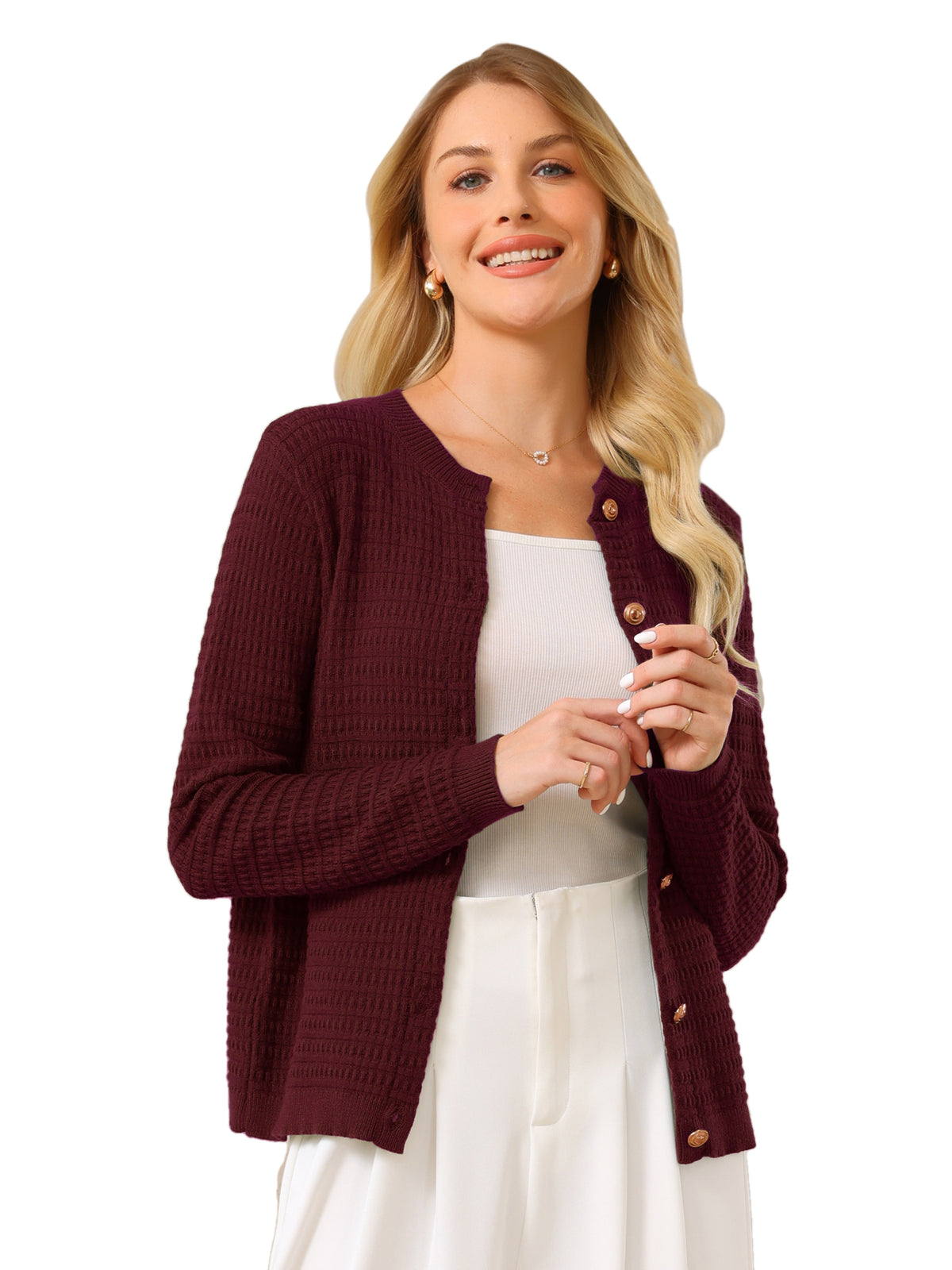 Women's Button Down Cardigan Sweater Crewneck Long Sleeve Knit Ribbed Outwear