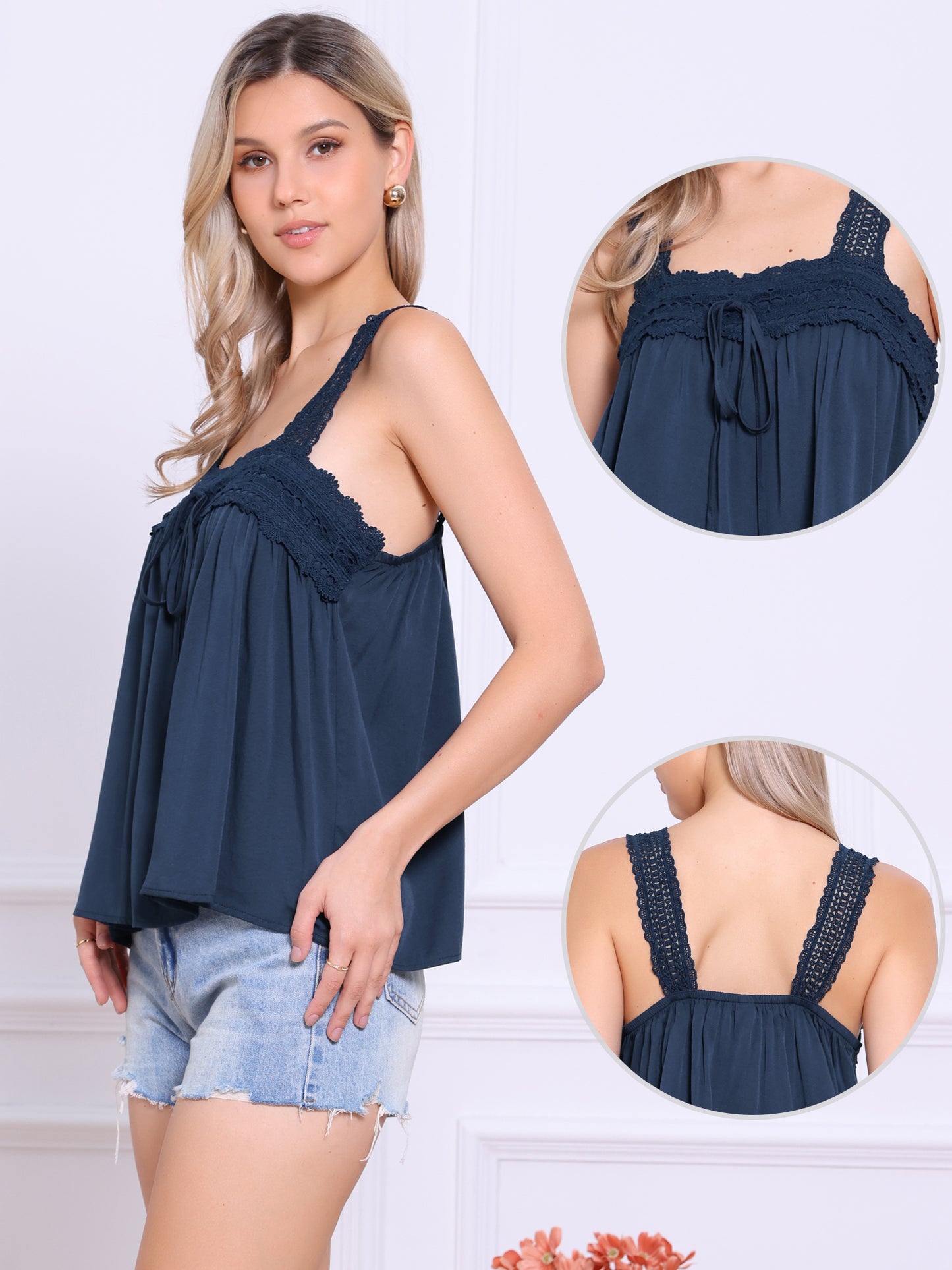 Women's Casual Sleeveless Top Square Neck Panel Lace Ruffles Tank Top
