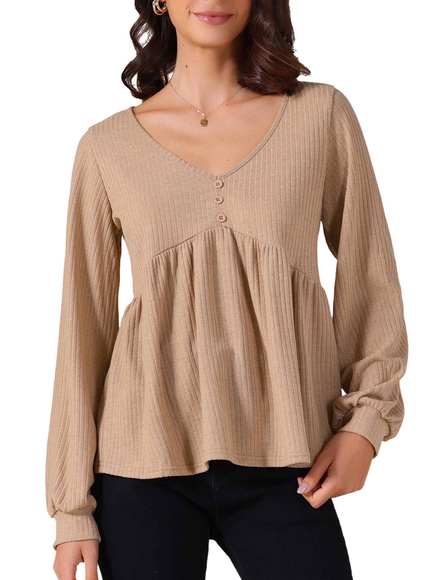 Women's Knit Peplum Top V Neck Long Sleeve Ruffle Hem Sweater